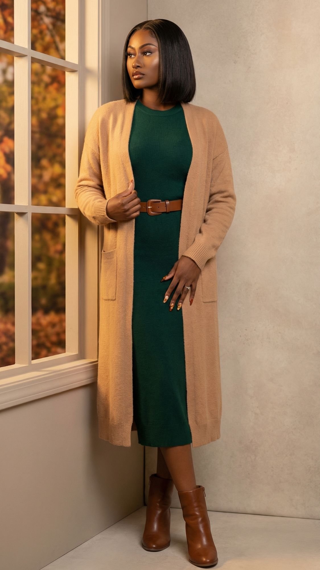 A woman stands indoors by a window with autumn leaves outside, showcasing fall fashion in a green midi dress with a brown belt, long tan cardigan, and brown ankle boots. Her straight, shoulder-length hair completes the cozy seasonal look.