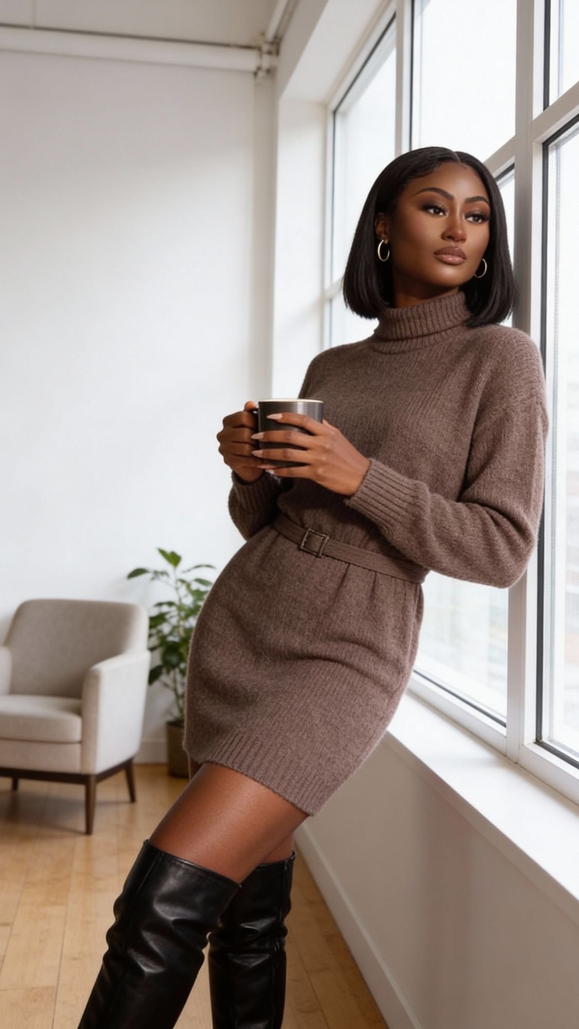 A woman in a brown turtleneck sweater dress and black knee-high boots, embodying Quiet Girl Winter Outfits, holds a mug by large windows in a modern room with wooden floors, a plant, and an armchair—perfect for calm mornings.
