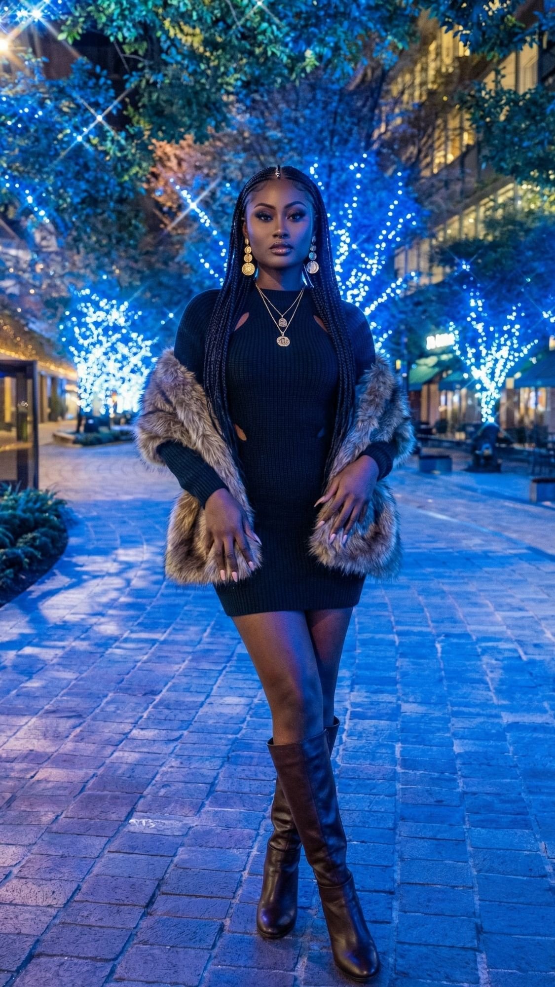 A woman in a black dress, fur stole, and tall boots stands confidently on a cobblestone path lit by blue winter illuminations in trees at night, perfect for Tokyo night ideas with buildings and greenery in the background.