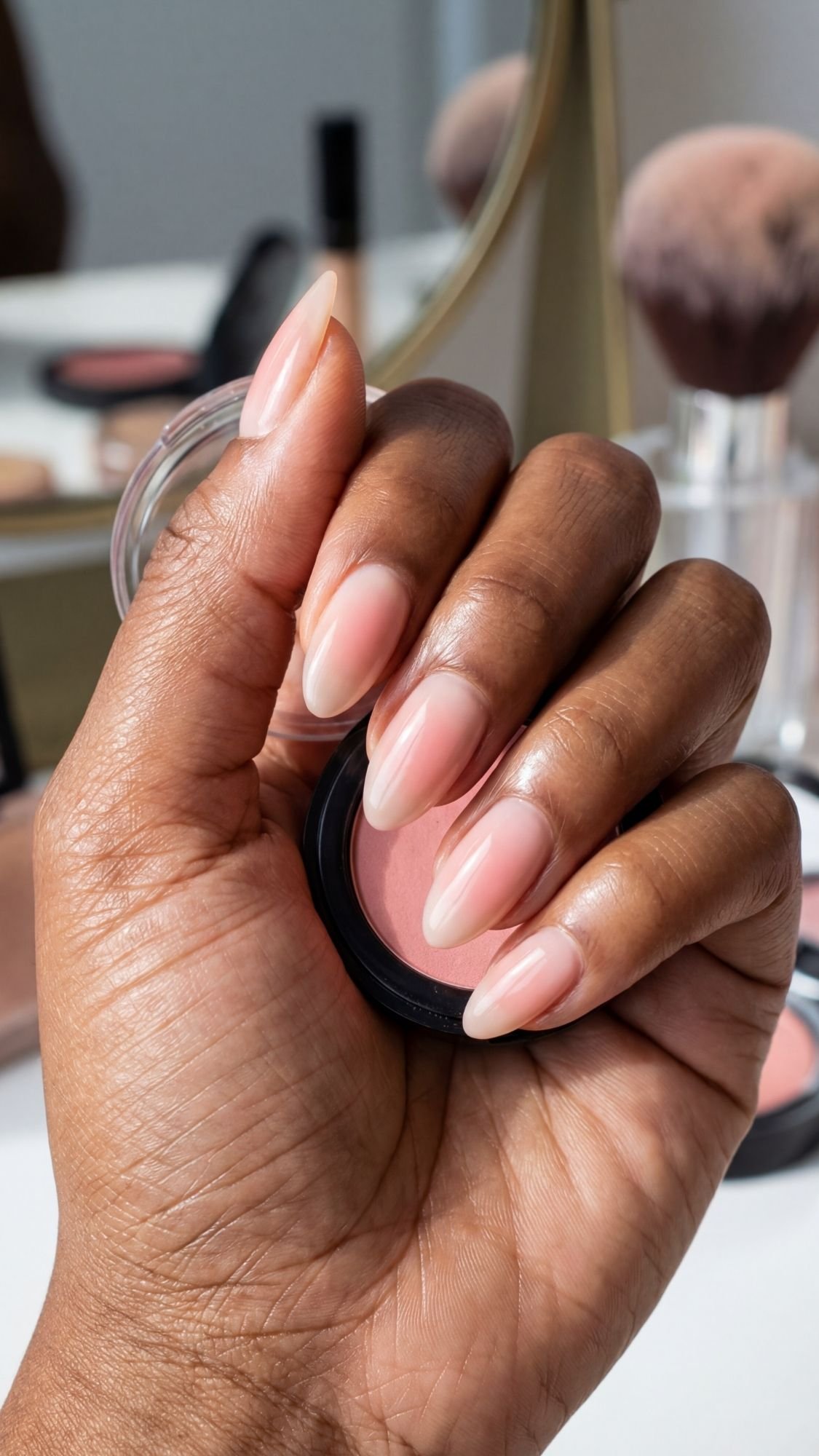 Blush Aura Almond Nails — Almond nails with a soft blush aura gradient radiating from the center.