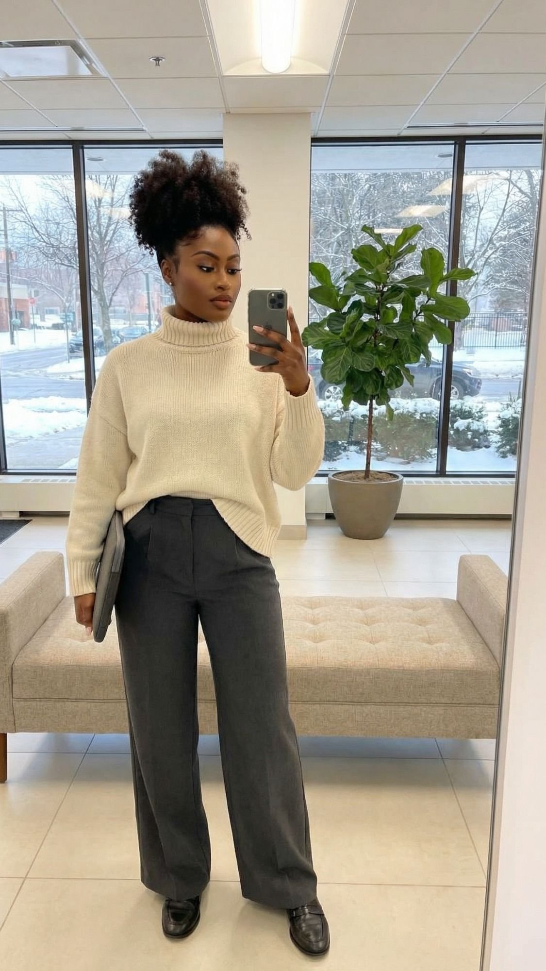 A woman stands indoors taking a mirror selfie, dressed in a cream turtleneck sweater and dark wide-leg pants—an ideal Quiet Girl Winter Outfits look. Large windows behind her reveal a snowy scene and a potted plant, evoking calm mornings.