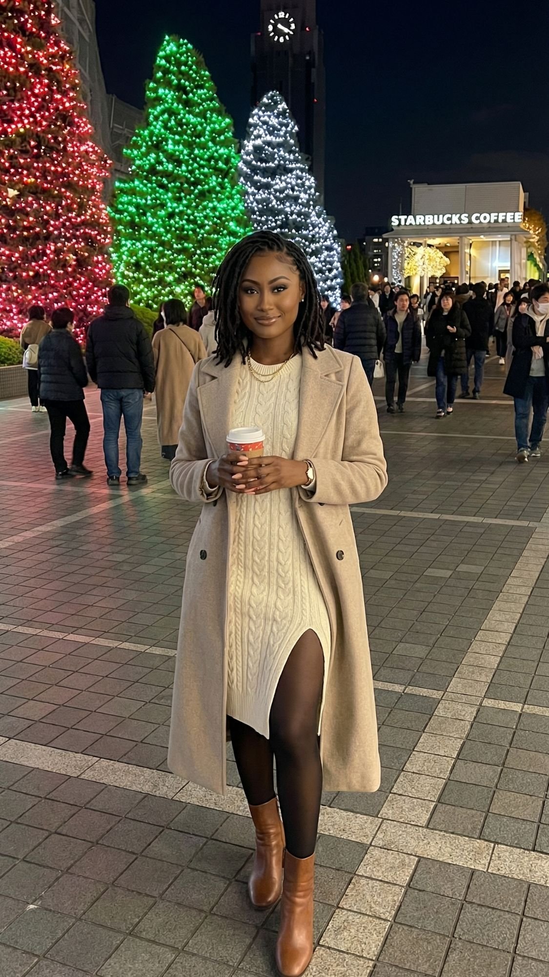 A woman in a beige coat and white knit dress holds a coffee cup, standing outdoors on a Tokyo night. Behind her, people stroll past large Christmas trees glowing with Tokyo winter illuminations. A Starbucks Coffee sign glows warmly in the background.