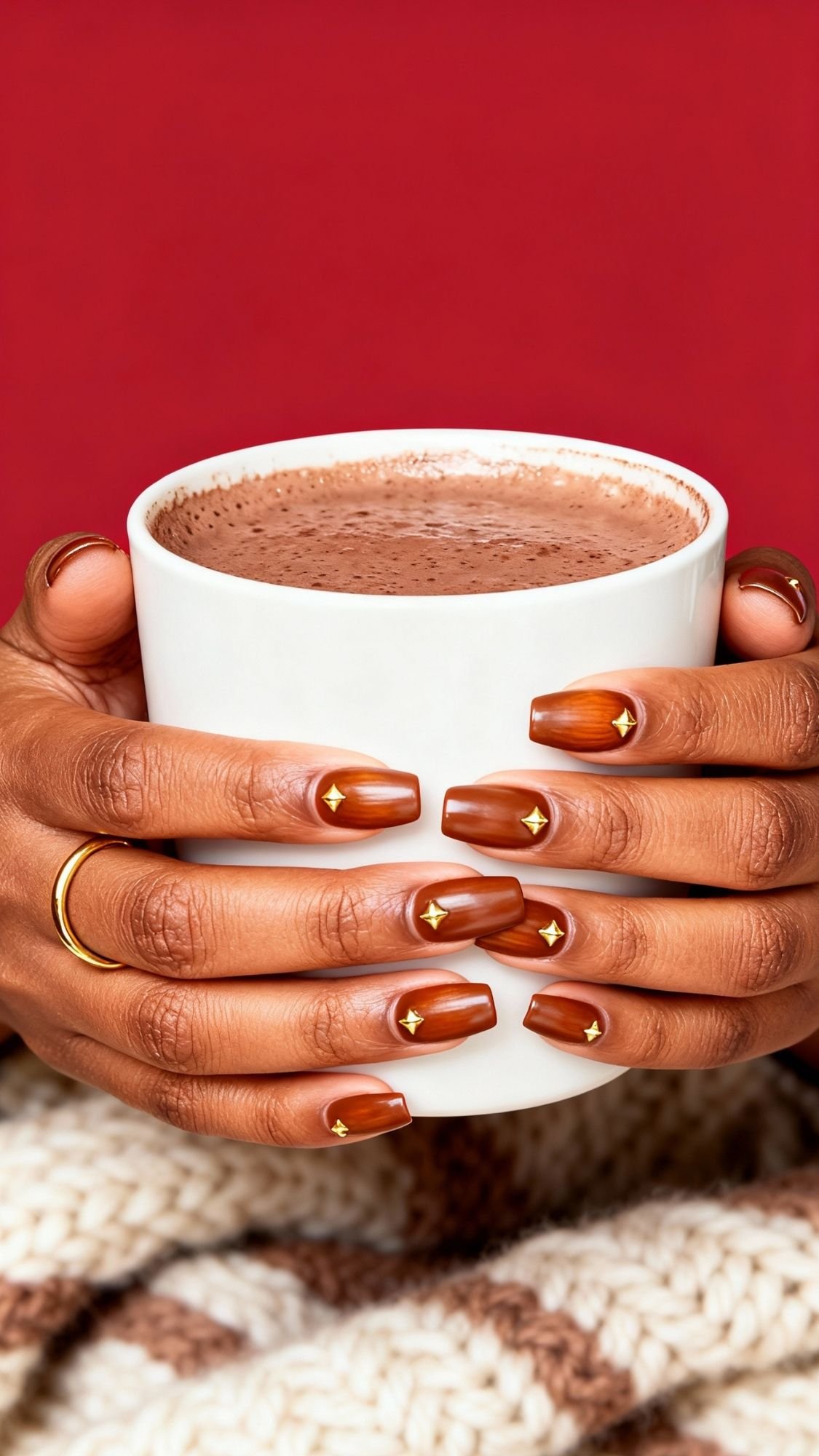 A person with brown, glossy star-patterned elegant nails holds a white mug of hot chocolate. They wear a gold ring and rest their hands on a chunky knit cream and brown blanket, with a red background—perfect for holiday parties.