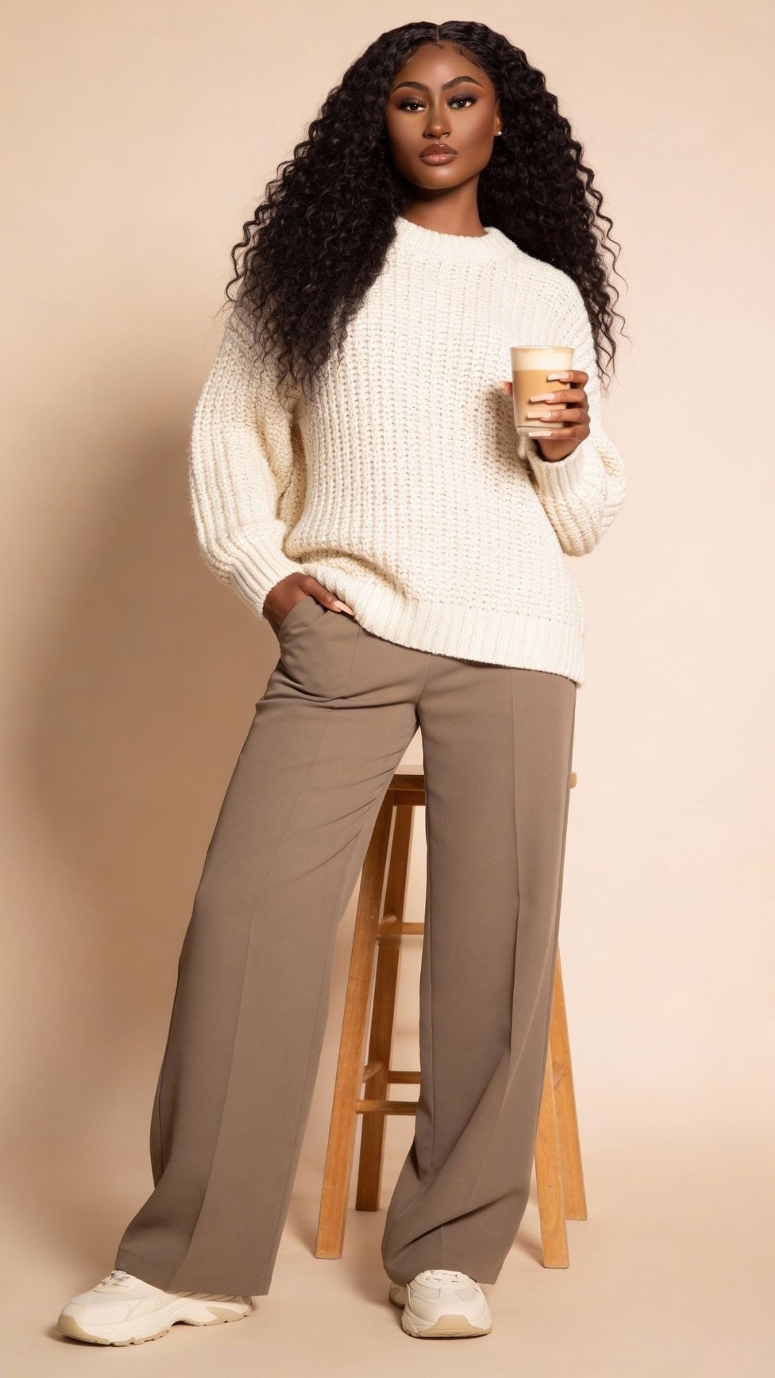 A woman with long curly hair stands against a neutral background in a cream knit sweater, beige wide-leg pants, and white sneakers—an ideal Quiet Girl Winter Outfit. She holds a cup of coffee, embodying calm mornings as she looks confidently at the camera.