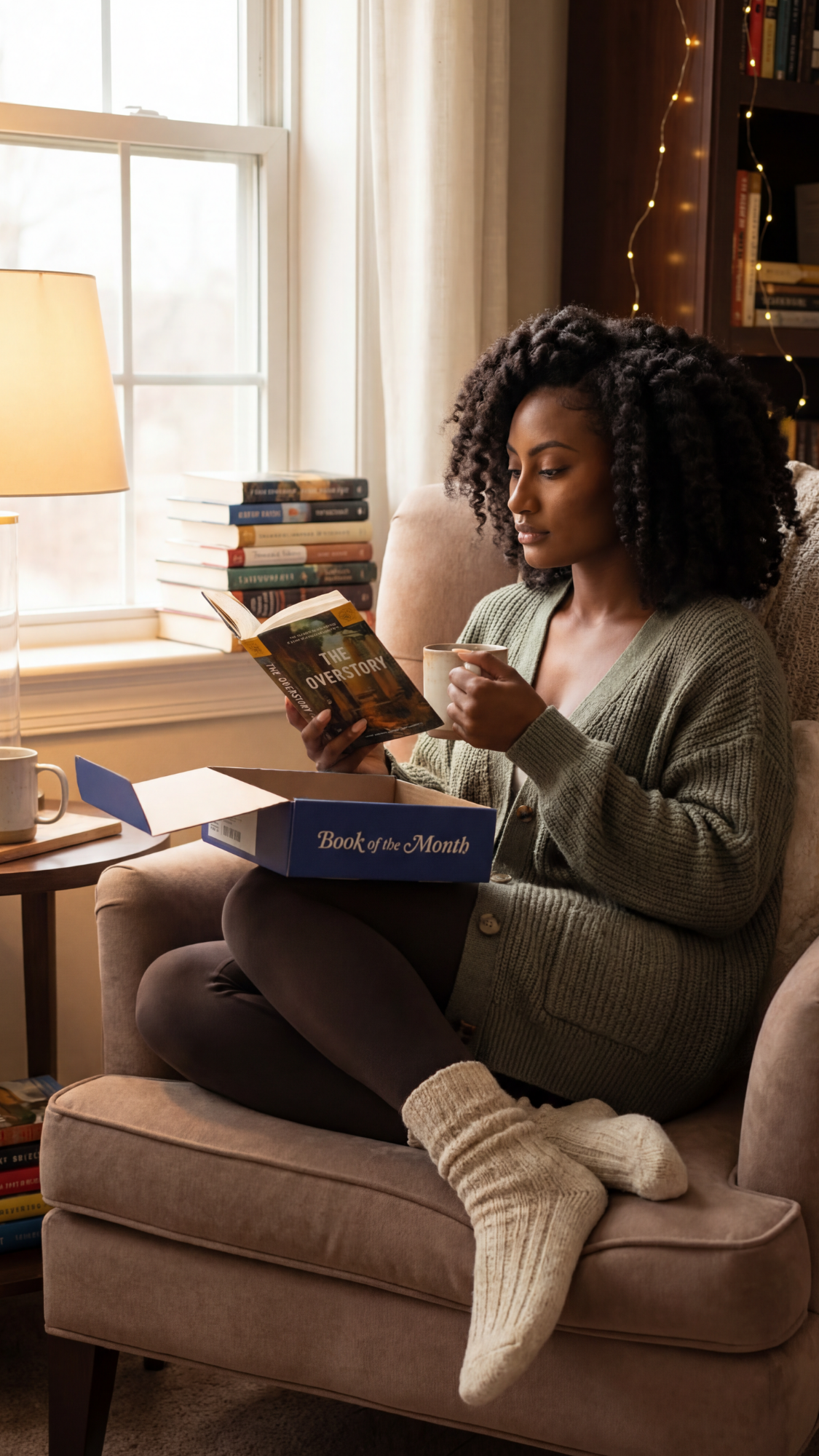 Monthly book subscription box — subscription box opened to reveal a paperback book, bookmark, and small cozy extras on a bedside table.
