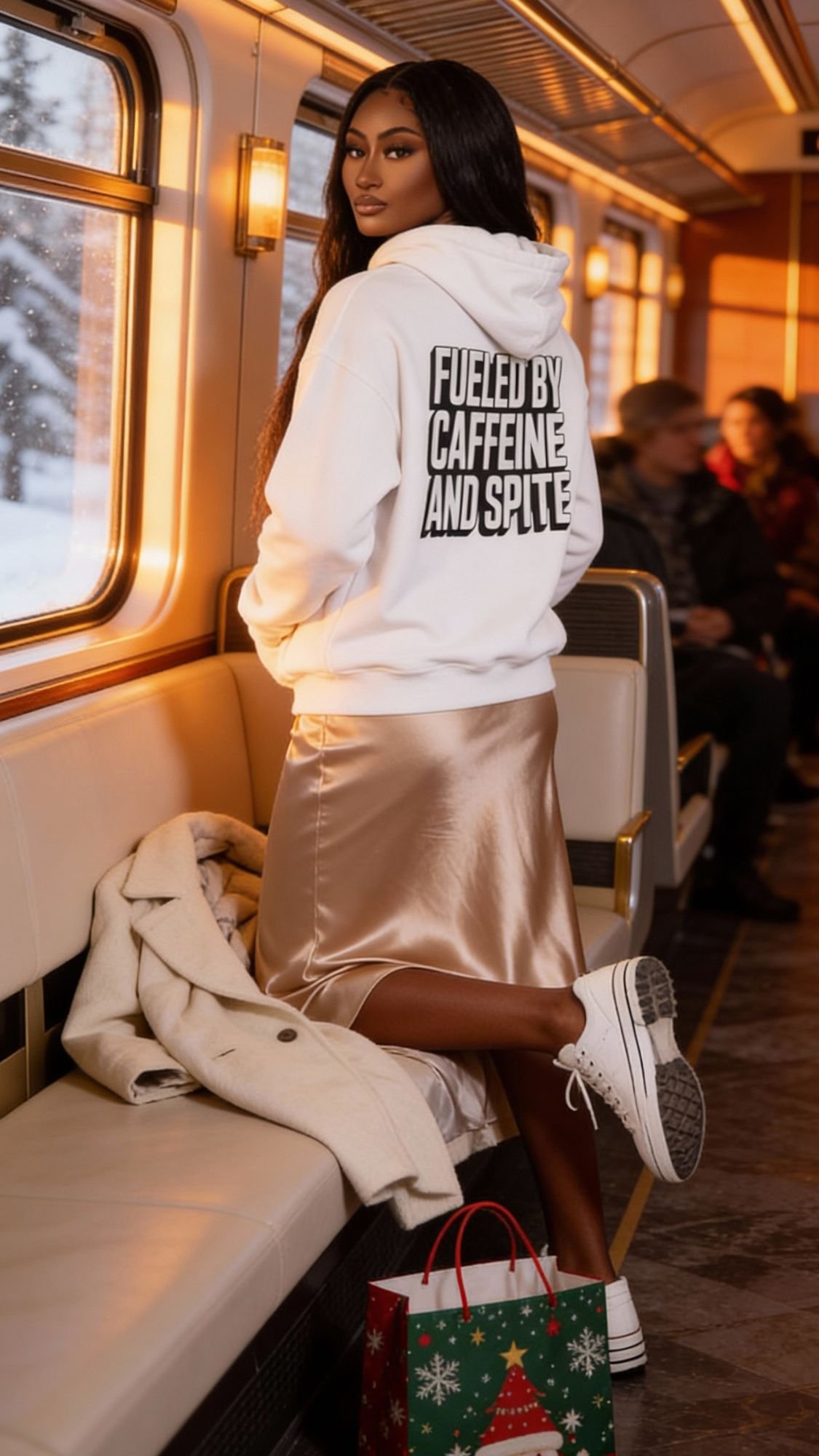 A woman in a back print hoodie reading FUELED BY CAFFEINE AND SPITE, a satin skirt, and sneakers stands on a train, holding a coat near a festive gift bag. This chic fall travel look is perfect for those seeking cozy hoodie outfit ideas. Snowy scenery outside the window.