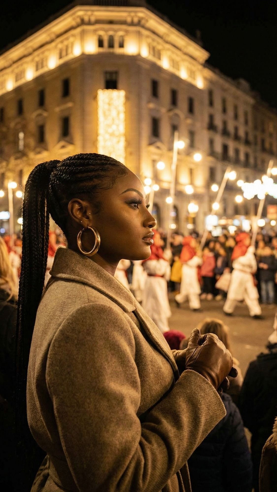 A woman in a brown coat stands in profile, watching a festive outdoor parade at night—an enchanting scene that captures the cozy winter Barcelona vibe, with people in red and white costumes and illuminated buildings in the background.
