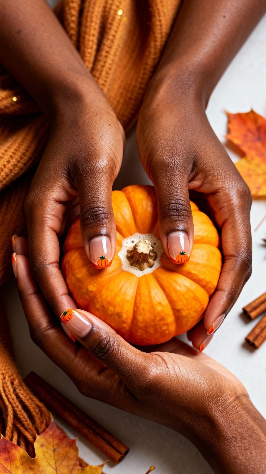 Two hands with pumpkin-themed fall nails gently hold a small orange pumpkin. A cozy brown knit scarf, autumn leaves, and cinnamon sticks are visible in the background, evoking a quiet luxury fall atmosphere.
