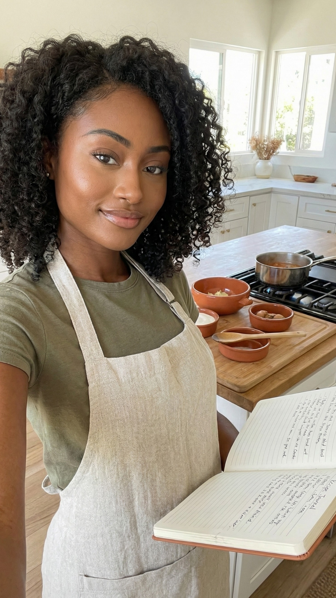 Recipe journal / family cookbook — hardcover recipe journal open with handwritten recipe pages, a wooden spoon and herbs nearby.
