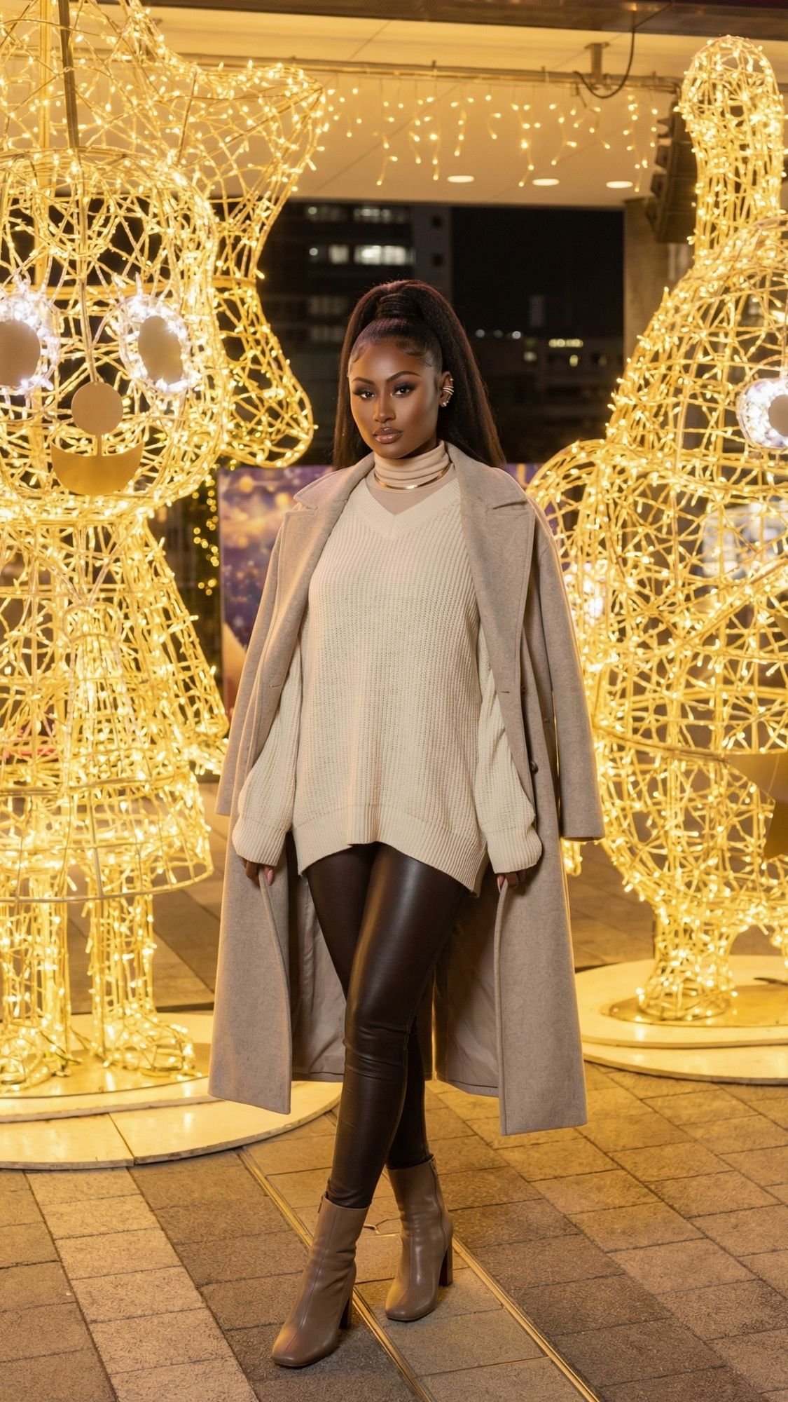 A woman in a long beige coat, cream sweater, and black leather pants poses confidently outdoors at night in Tokyo, surrounded by large, glowing animal-shaped sculptures from the dazzling Tokyo winter illuminations.