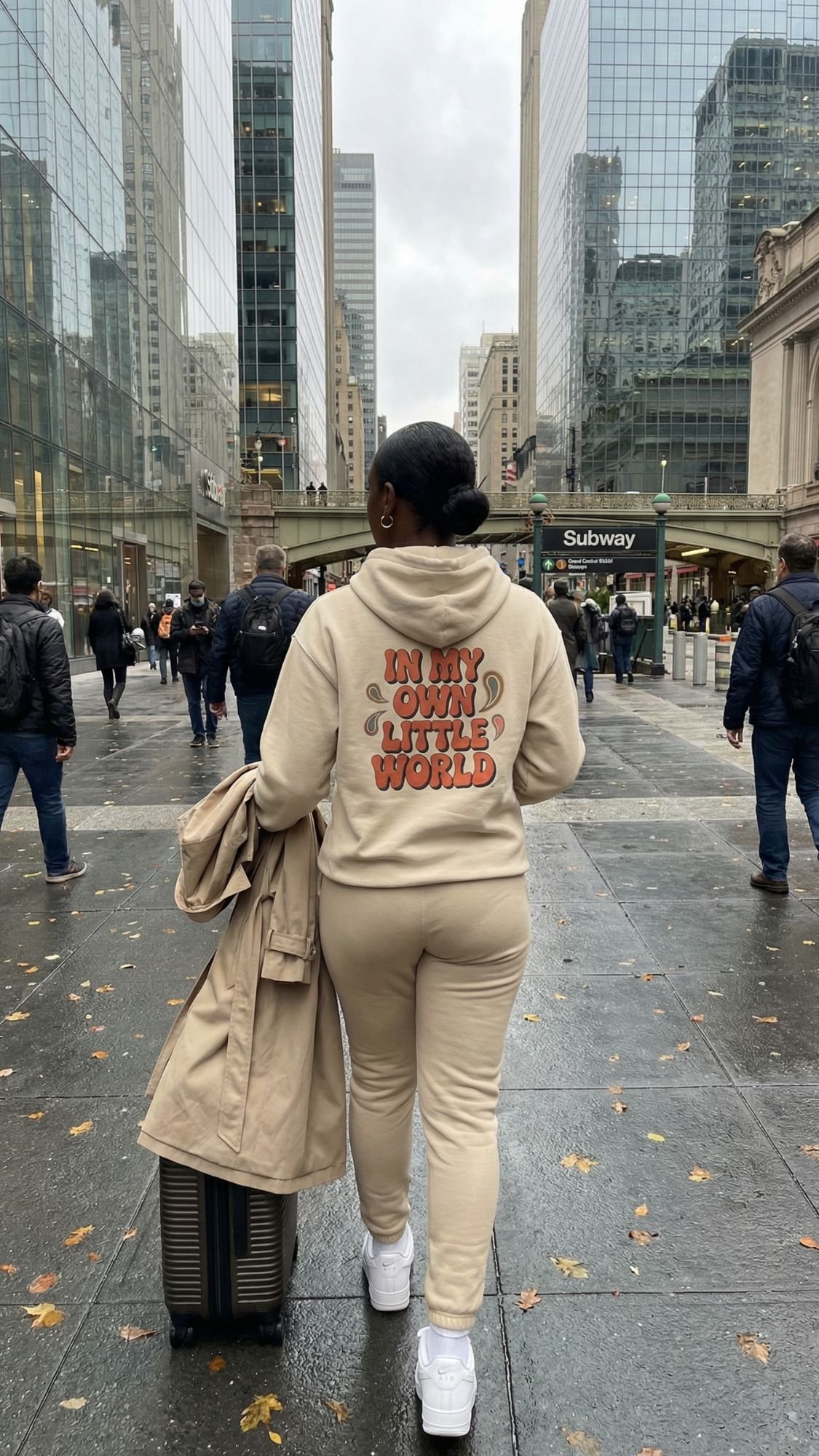 A person in a beige Back Print Hoodie with IN MY OWN LITTLE WORLD on the back walks down a wet city sidewalk, pulling a suitcase and holding a coat—perfect fall travel vibes surrounded by people and tall buildings.