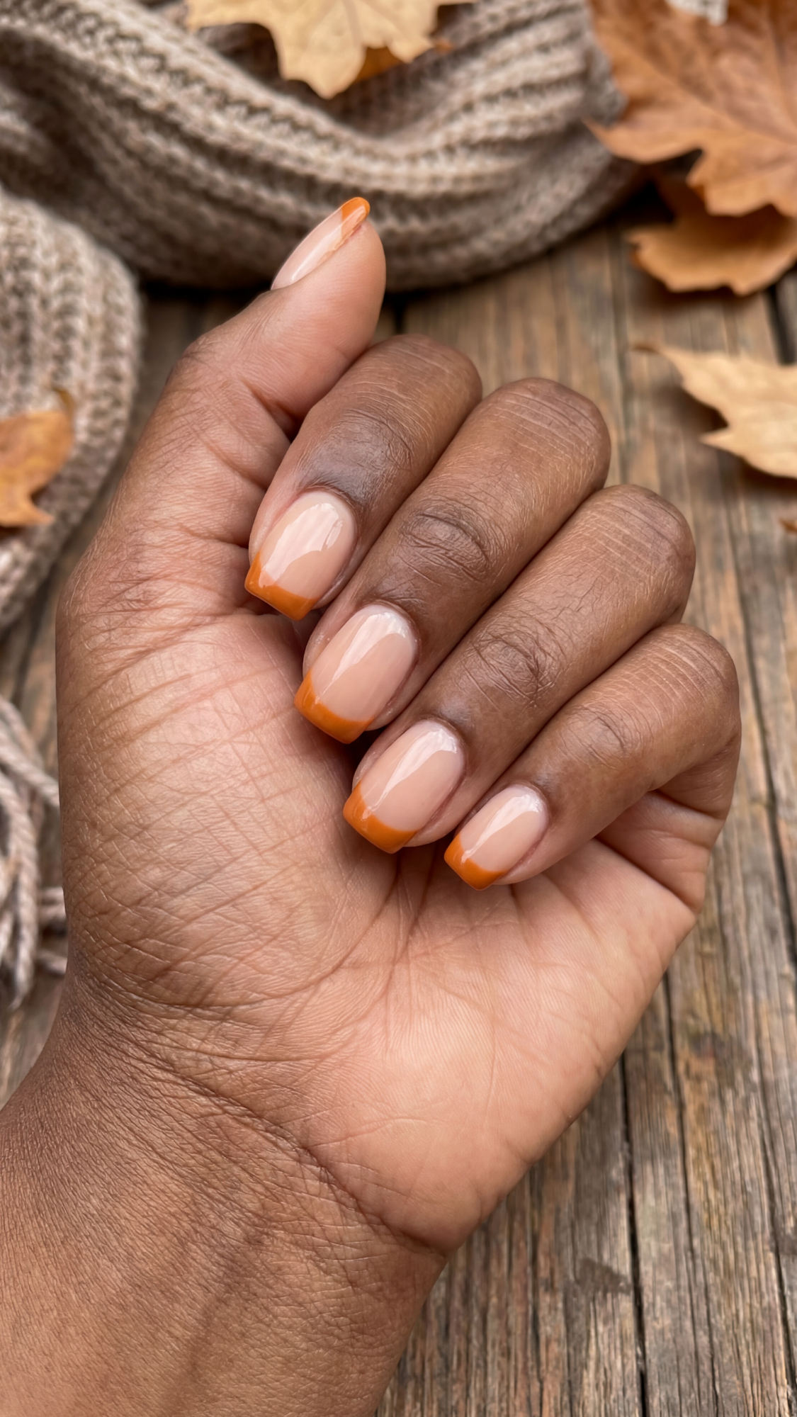 Pumpkin Spice French — “Short almond nails with sheer nude base and slim, glossy pumpkin-orange French tips.”
