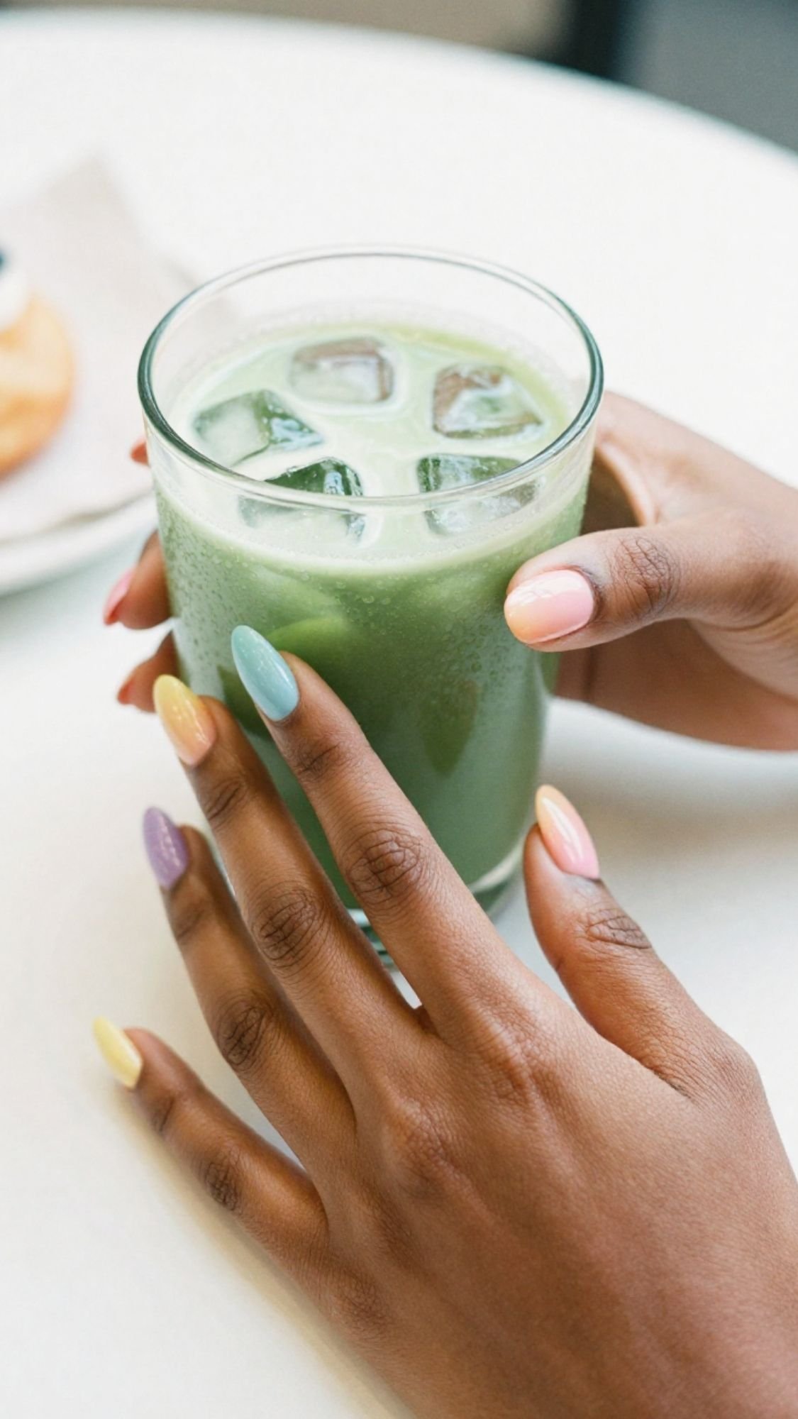 Pastel Skittle Almond Nails — Both hands with each almond nail painted a different soft pastel shade.