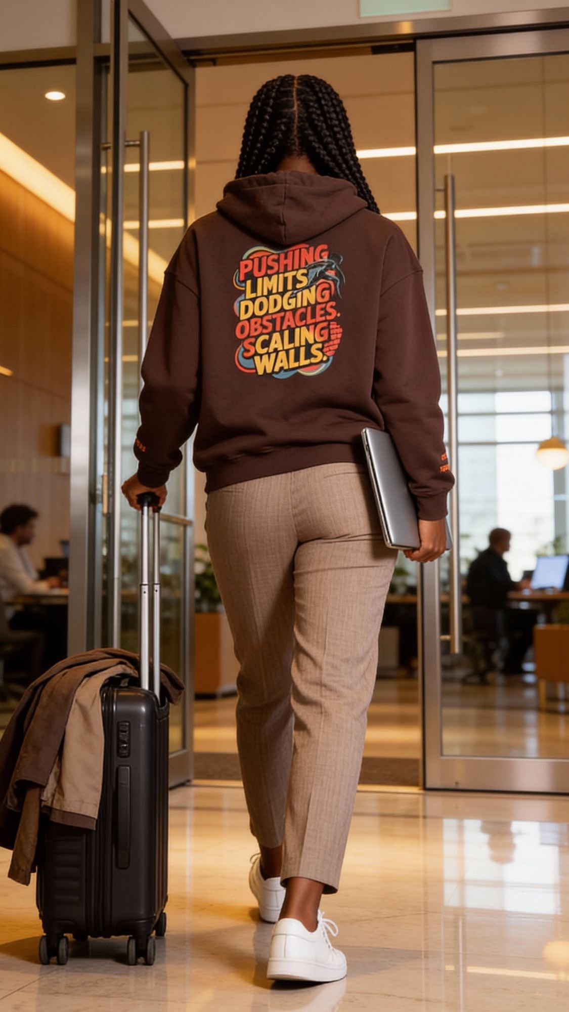 A person with braided hair, wearing a brown back print hoodie with motivational text—perfect for fall travel outfit ideas—pants, and white sneakers, walks through an office with a suitcase and laptop, heading toward glass doors.