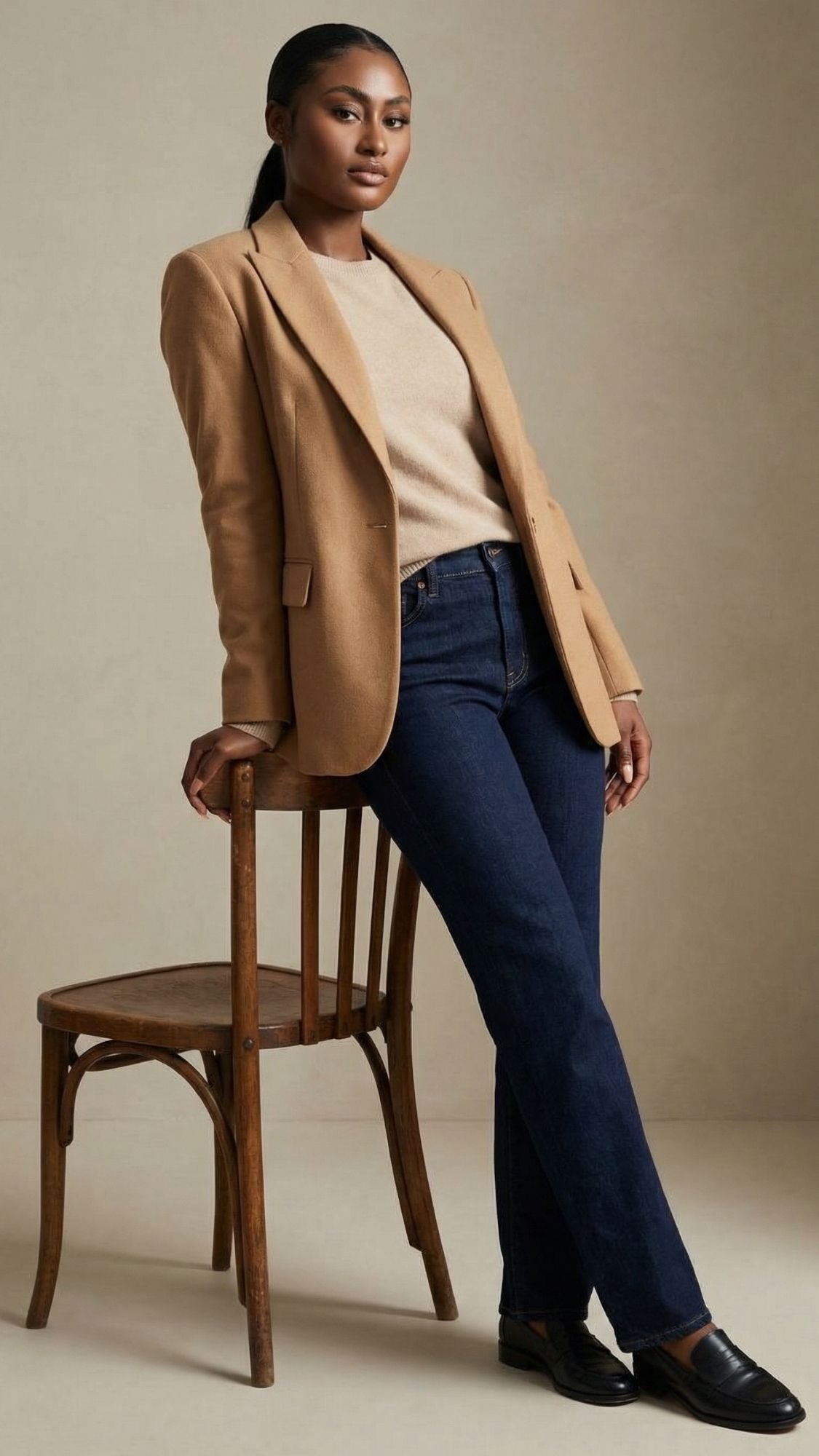A woman in a tan blazer, beige sweater, dark blue jeans, and black loafers leans against a wooden chair, embracing winter fashion and posing confidently against a plain beige background.