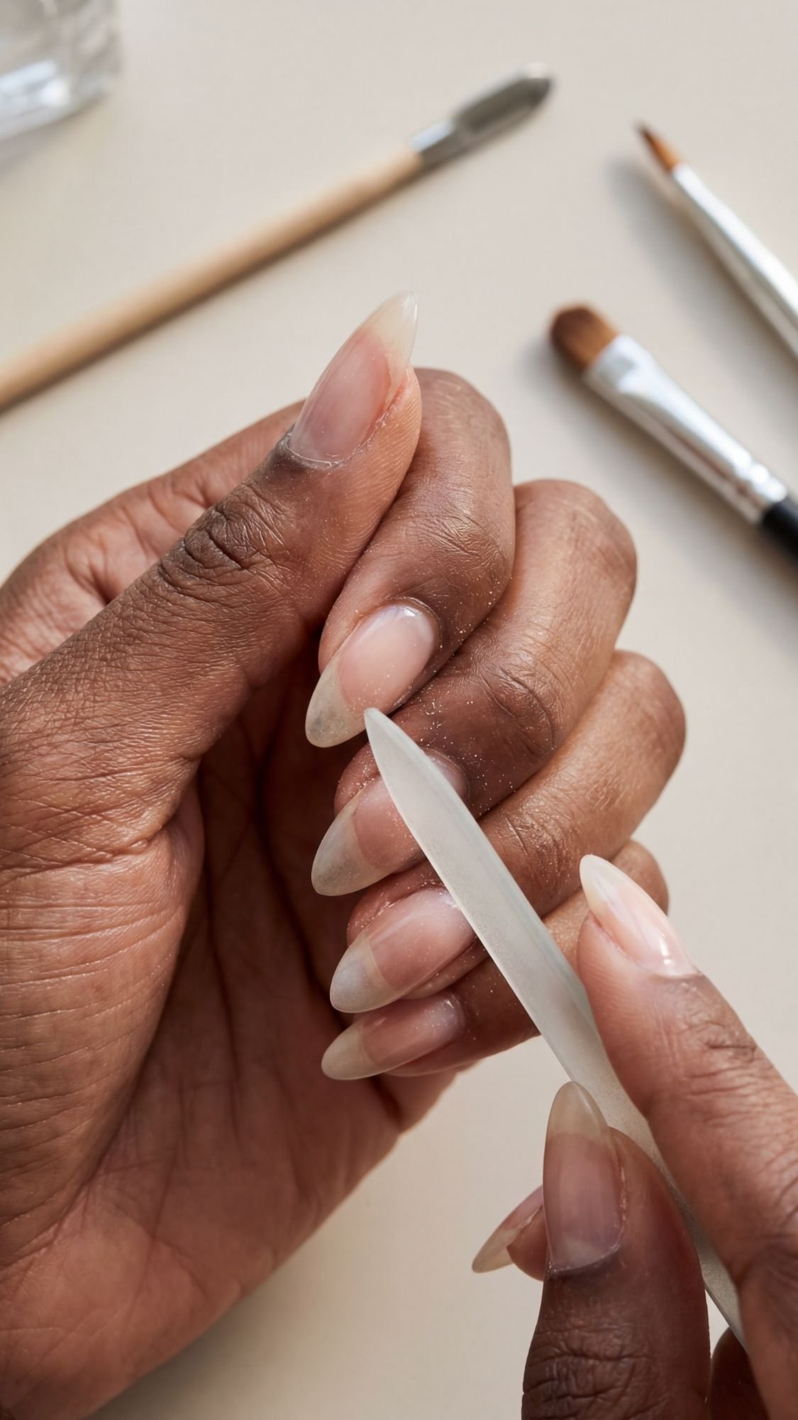 Close-up of almond nails from three angles highlighting rounded soft points.
