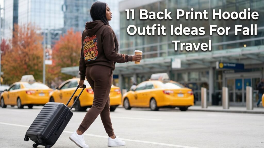 A woman in a brown Back Print Hoodie and sweatpants walks with a rolling suitcase and coffee cup near yellow taxis; text reads 11 Hoodie Outfit Ideas For Fall Travel.