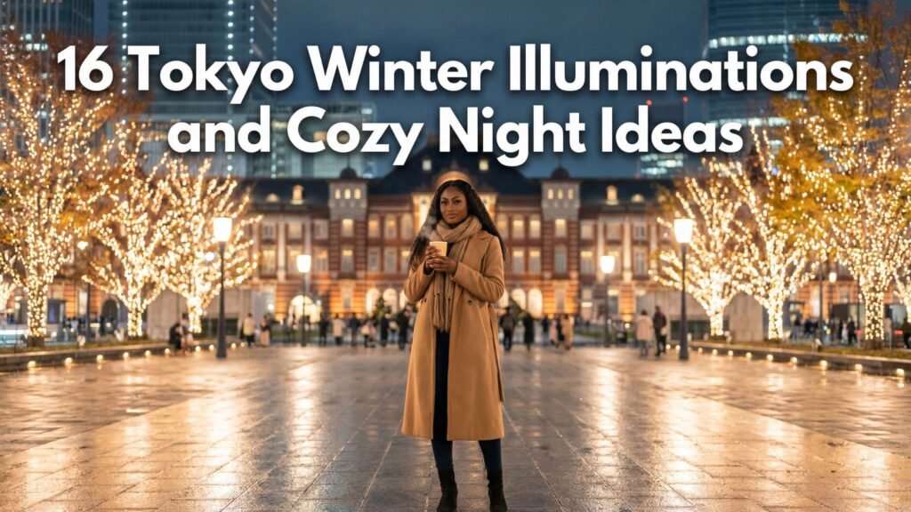 A woman in a tan coat stands holding a cup on a wet, illuminated plaza before Tokyo Station at night, with festive lights on trees and city buildings. Text reads: 16 Tokyo winter illuminations and cozy Tokyo night ideas.