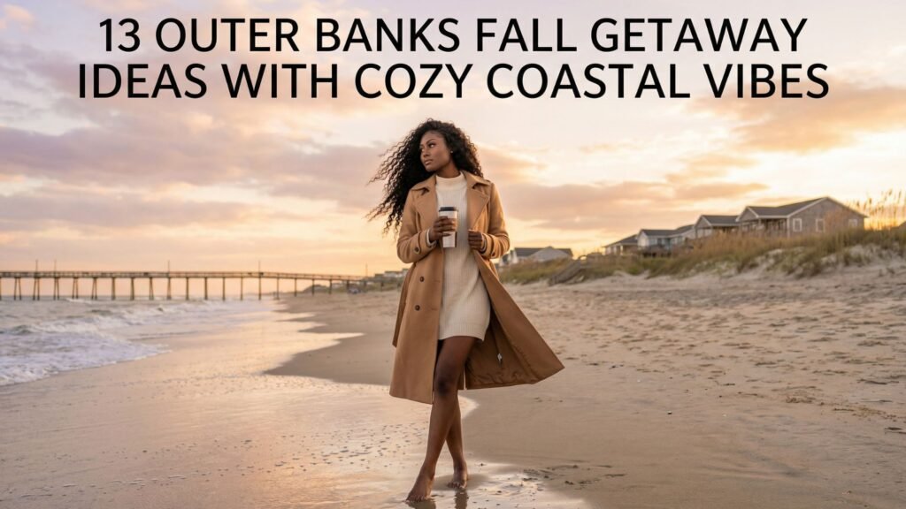 A woman in a tan coat holding a coffee strolls along an Outer Banks beach at sunset, with houses and a pier behind her. Text reads: 13 Fall Getaway Ideas With Cozy Coastal Vibes.