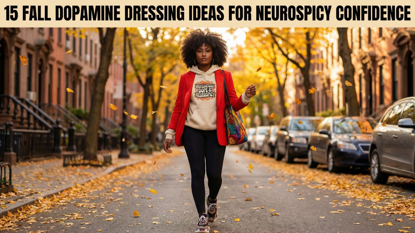 A stylish woman in a red blazer and colorful accessories walks confidently down a tree-lined street with autumn leaves. Text above reads: “15 Fall Dopamine Dressing Ideas for Neurospicy Confidence—elevate your fall fashion mood!”.