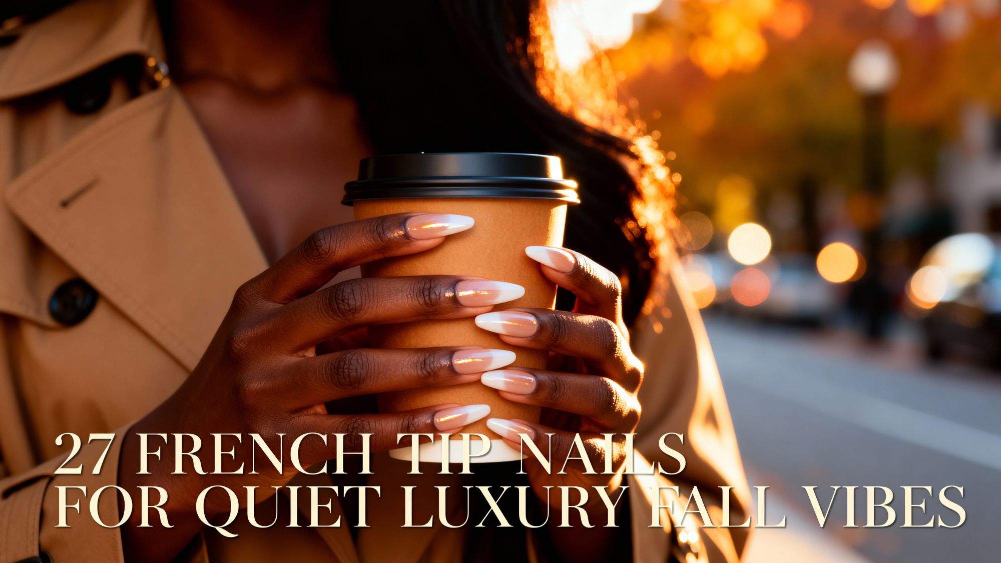 Beautiful Black woman holding a warm latte-style to-go cup outdoors in fall, wearing a beige trench coat, showcasing long almond-shaped French tip nails in soft quiet-luxury neutral tones.