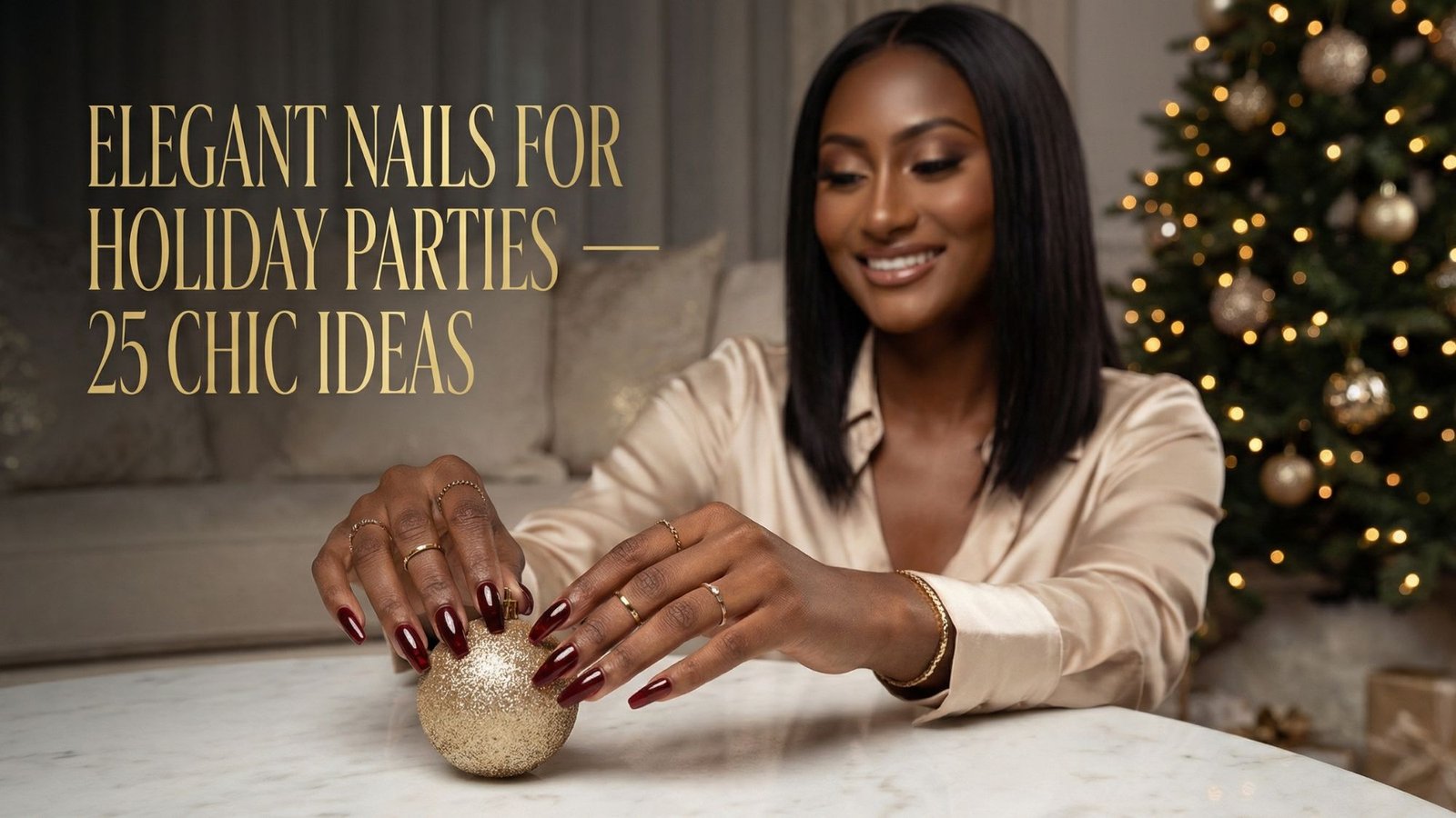 A woman with shiny dark red nails holds a gold ornament at a marble table. She smiles in a champagne blouse. A decorated Christmas tree glows behind her. Text reads: “Chic Nail Ideas for Holiday Parties — 25 looks to inspire elegant nails.”.