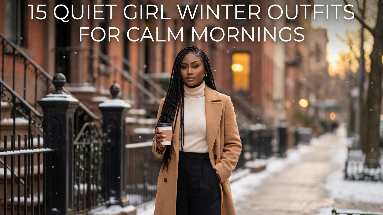 A stylish woman with long braids walks down a snowy city street, coffee in hand, wearing a camel coat over a beige turtleneck. Text above reads “15 Quiet Girl Winter Outfits For Calm Mornings.”.