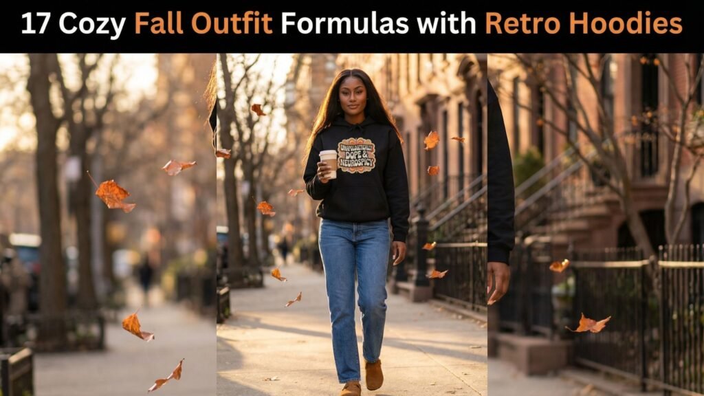 A woman strolls a tree-lined city sidewalk in autumn, wearing a retro hoodie, blue jeans, and tan shoes while holding a coffee cup. Brown leaves fall around her. Text above reads: 17 Cozy Fall Outfit Formulas with Retro Hoodies.