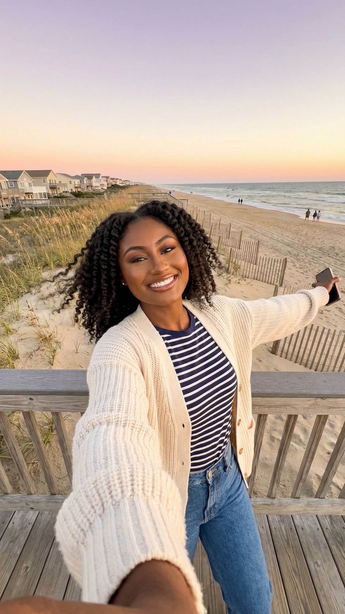 A smiling woman takes a selfie on a wooden boardwalk by the beach at sunset, capturing coastal vibes in the Outer Banks. She wears a striped shirt, cream cardigan, and blue jeans, with houses and the ocean in the background—perfect for a fall getaway.