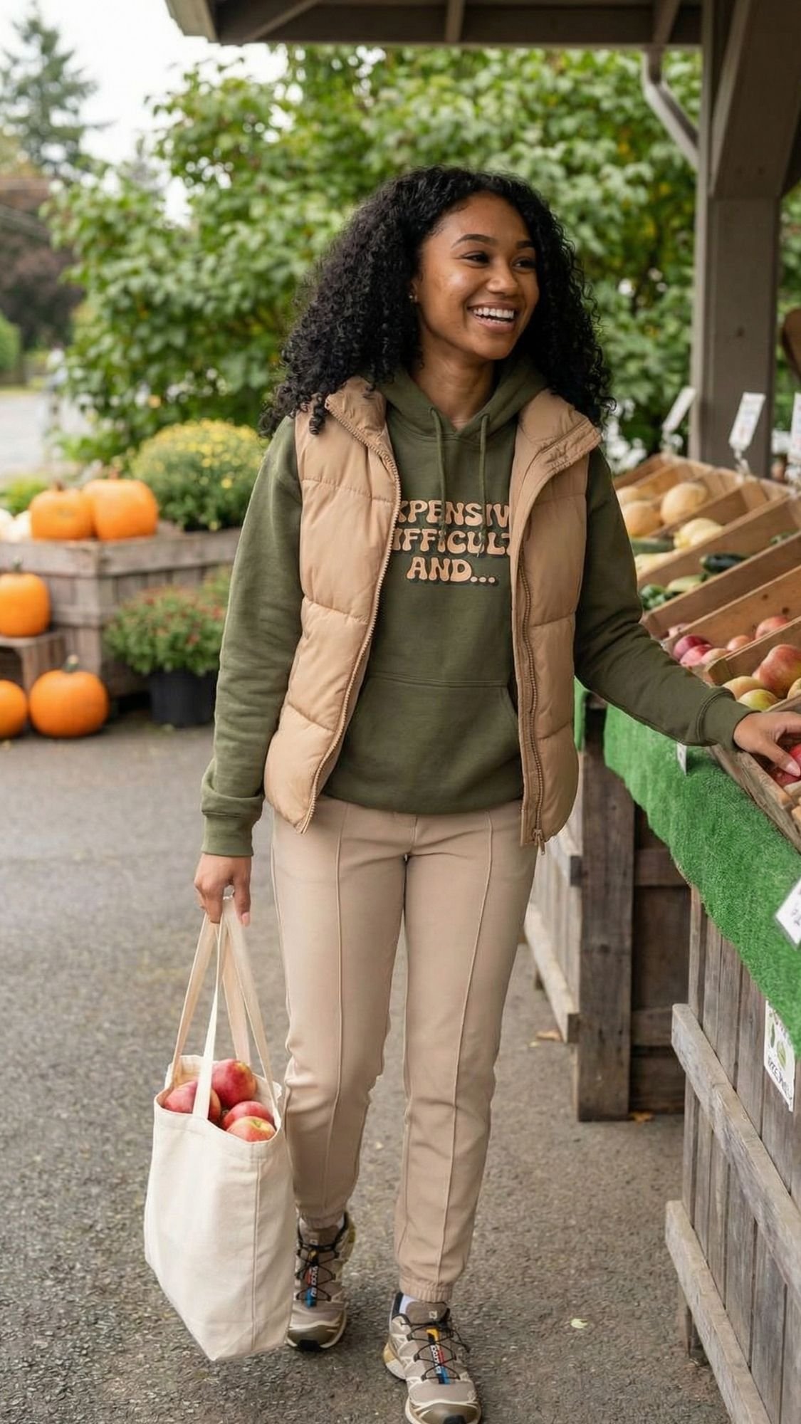 A smiling woman with curly hair wears a cozy fall outfit—retro hoodie, tan vest, and beige pants—while carrying a tote bag of apples at an outdoor market filled with pumpkins and fresh produce.