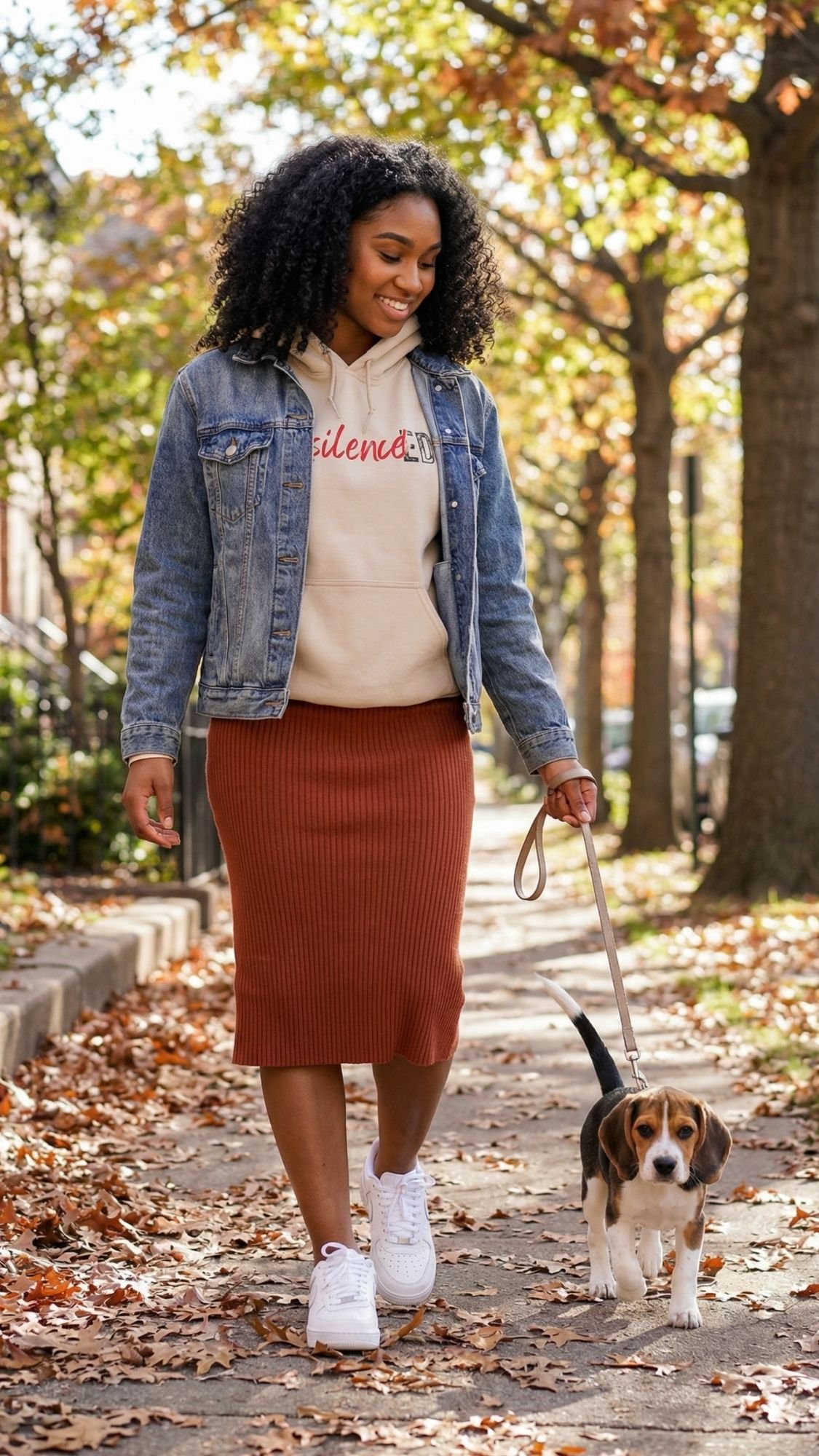 A woman with curly hair, dressed in a cozy fall outfit with a retro hoodie, walks a beagle on a leash along a tree-lined sidewalk covered in autumn leaves, smiling as she looks at her dog.
