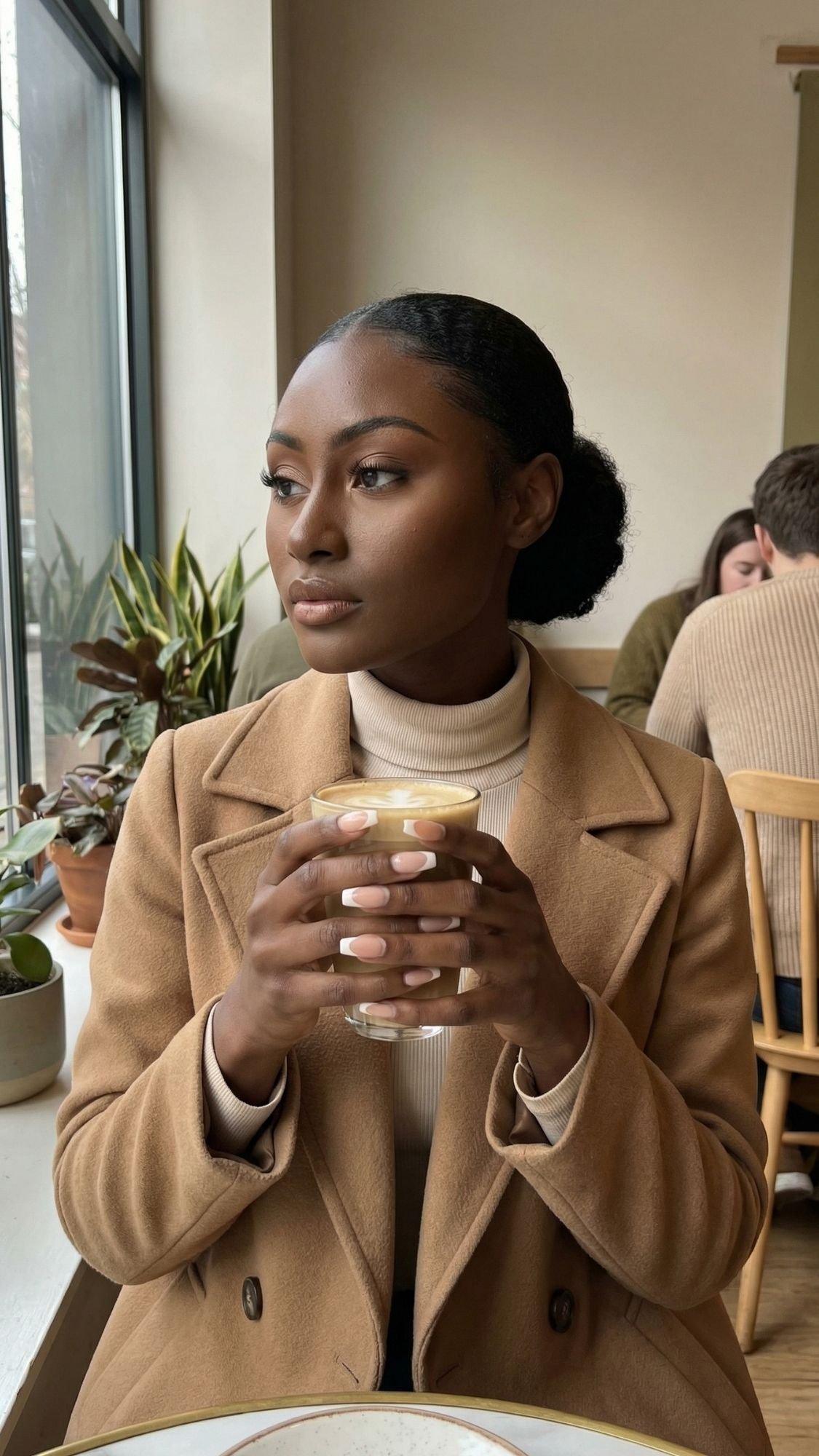 A woman in a tan coat with French tip nails holds a glass mug with both hands, sitting by a window in a cafe. She looks thoughtfully to the side, surrounded by green plants and soft natural light, capturing quiet luxury and fall vibes.