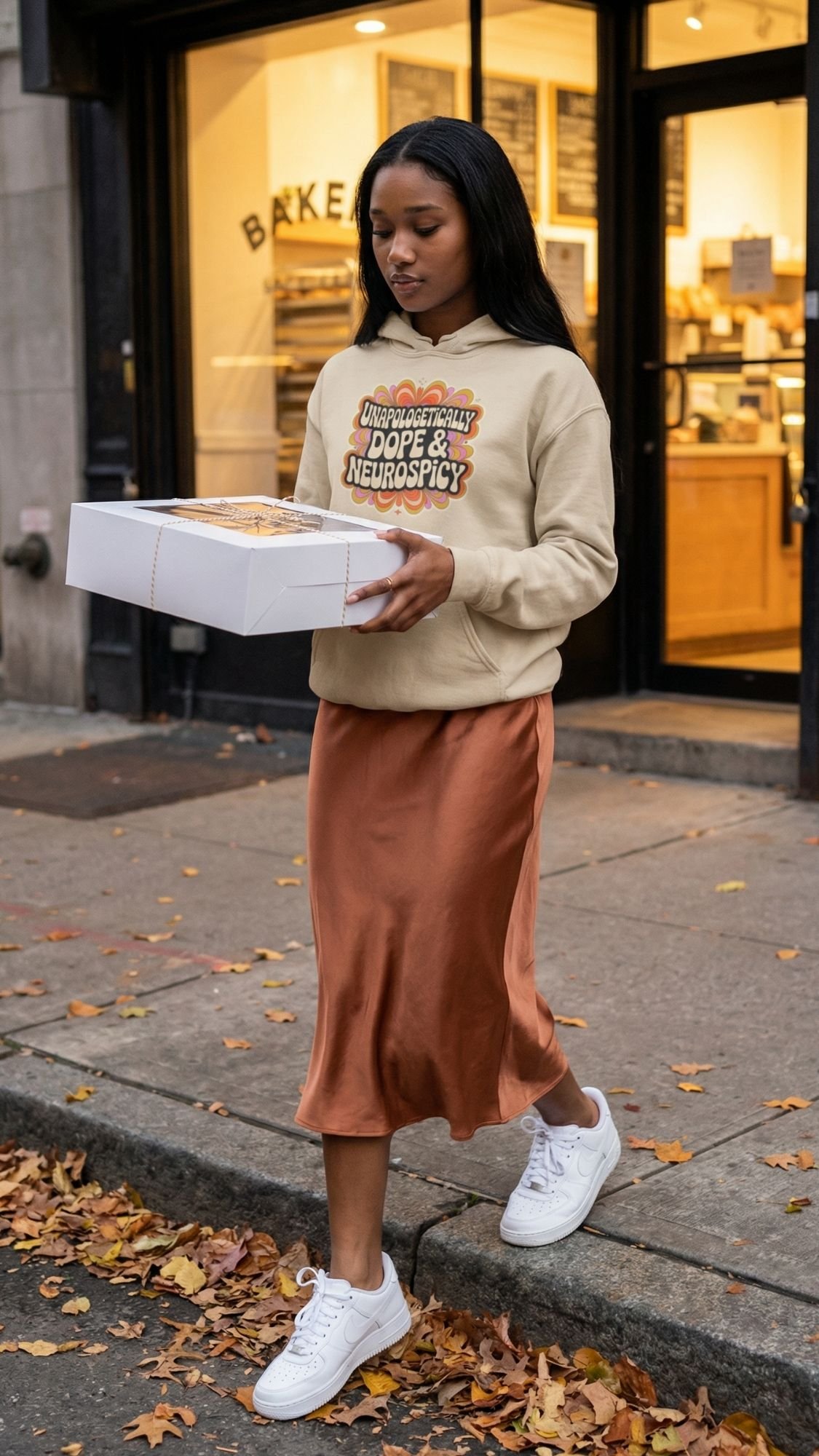 A woman walks on a sidewalk covered with autumn leaves, holding a white pastry box. She wears a retro hoodie, a rust-colored satin skirt, and white sneakers—a cozy fall outfit formula. A bakery storefront is visible in the background.