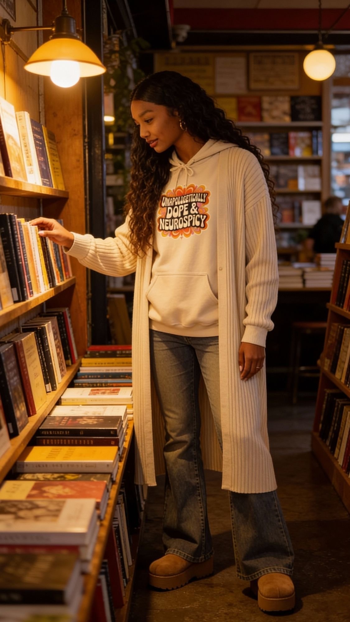 A woman in a long cream cardigan, retro hoodie, jeans, and tan shoes browses books on a shelf in a cozy bookstore with warm lighting—a perfect fall outfit for book lovers.