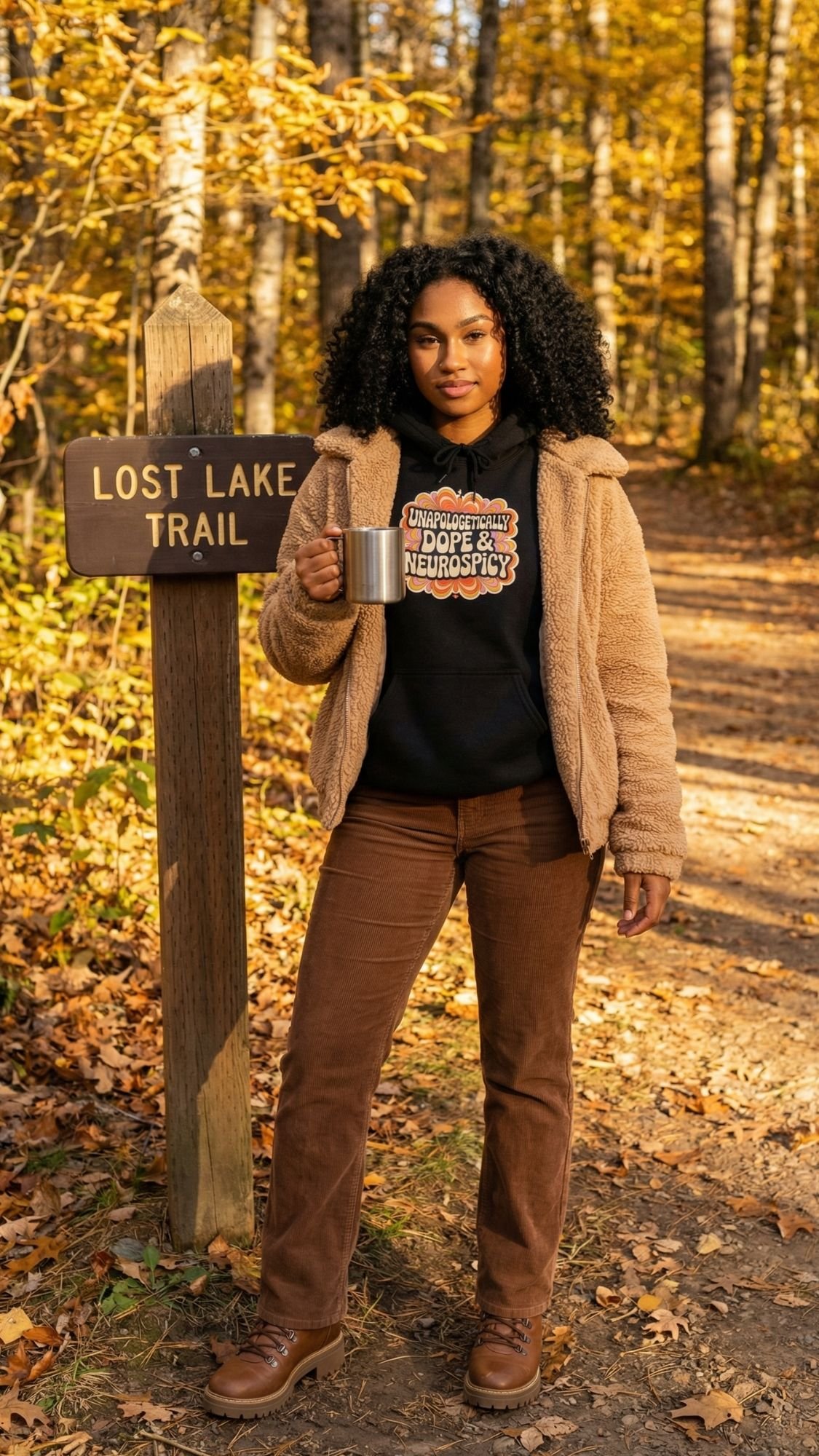 A woman in a cozy fall outfit holds a metal mug on the Lost Lake Trail, surrounded by autumn leaves. She pairs her brown jacket and boots with retro hoodies, blending perfectly into the season’s vibrant forest backdrop.