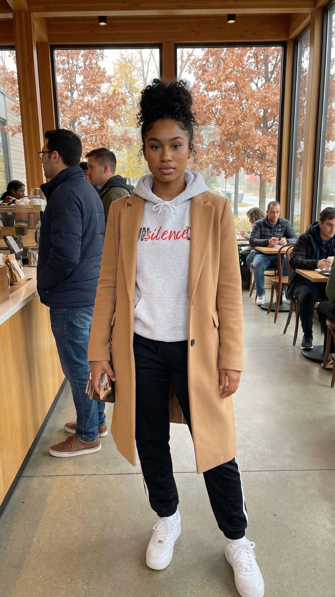 A woman stands indoors at a café, wearing a cozy tan coat over a gray Resilience retro hoodie, black pants, and white sneakers, holding her phone. People are seated and waiting at tables in the background.