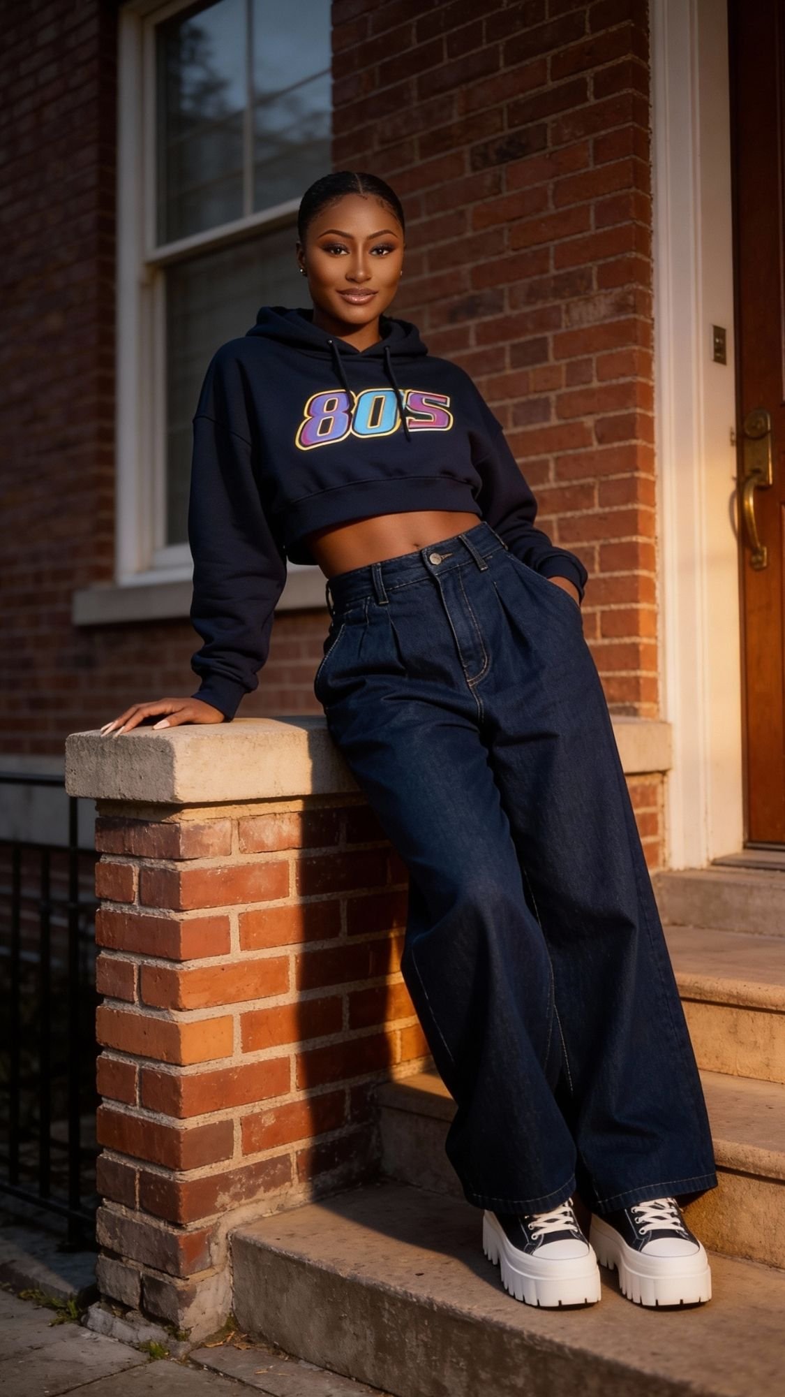 A woman in a navy cropped 80s sweatshirt—one of this season's cozy fall outfit essentials—pairs wide-leg jeans and white platform sneakers, leaning against a brick railing outside a building, smiling confidently at the camera.