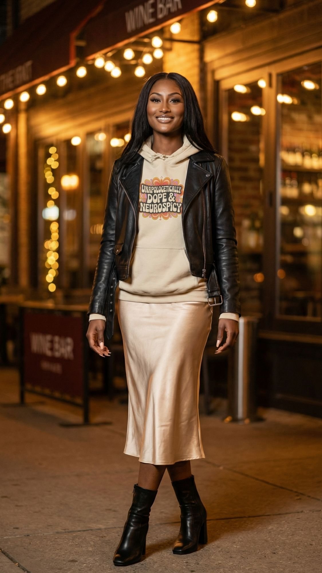 A smiling woman stands outside a wine bar at night, wearing a retro hoodie with "Unapologetically Dope and Neurospicy," a black leather jacket, satin skirt, and ankle boots—perfect inspiration for cozy fall outfits. String lights glow in the background.