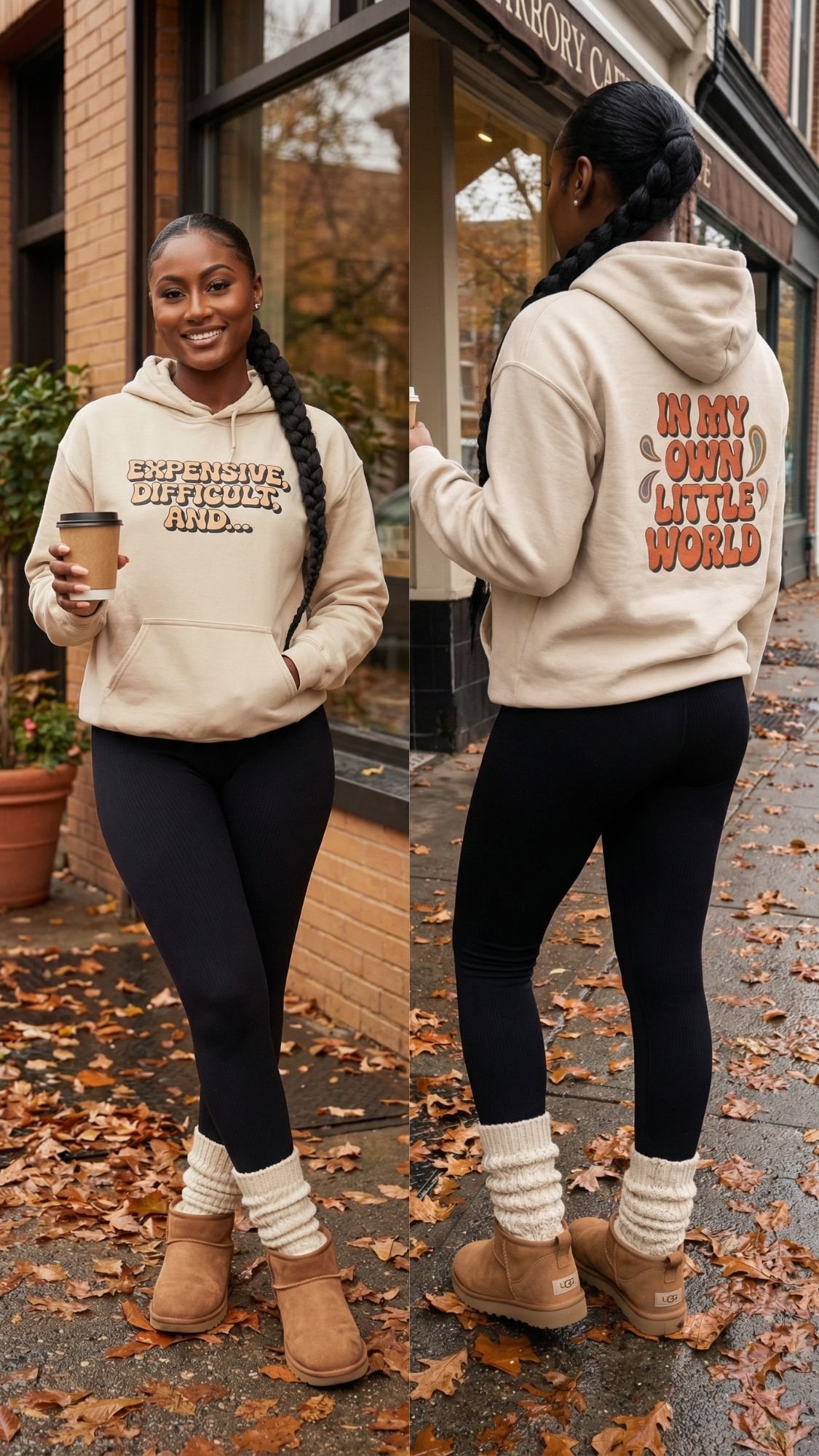 A woman in a tan retro hoodie with text, black leggings, tan boots, and cream socks stands outside on fallen leaves, holding a coffee cup. This is one of those cozy fall outfit formulas perfect for chilly mornings.