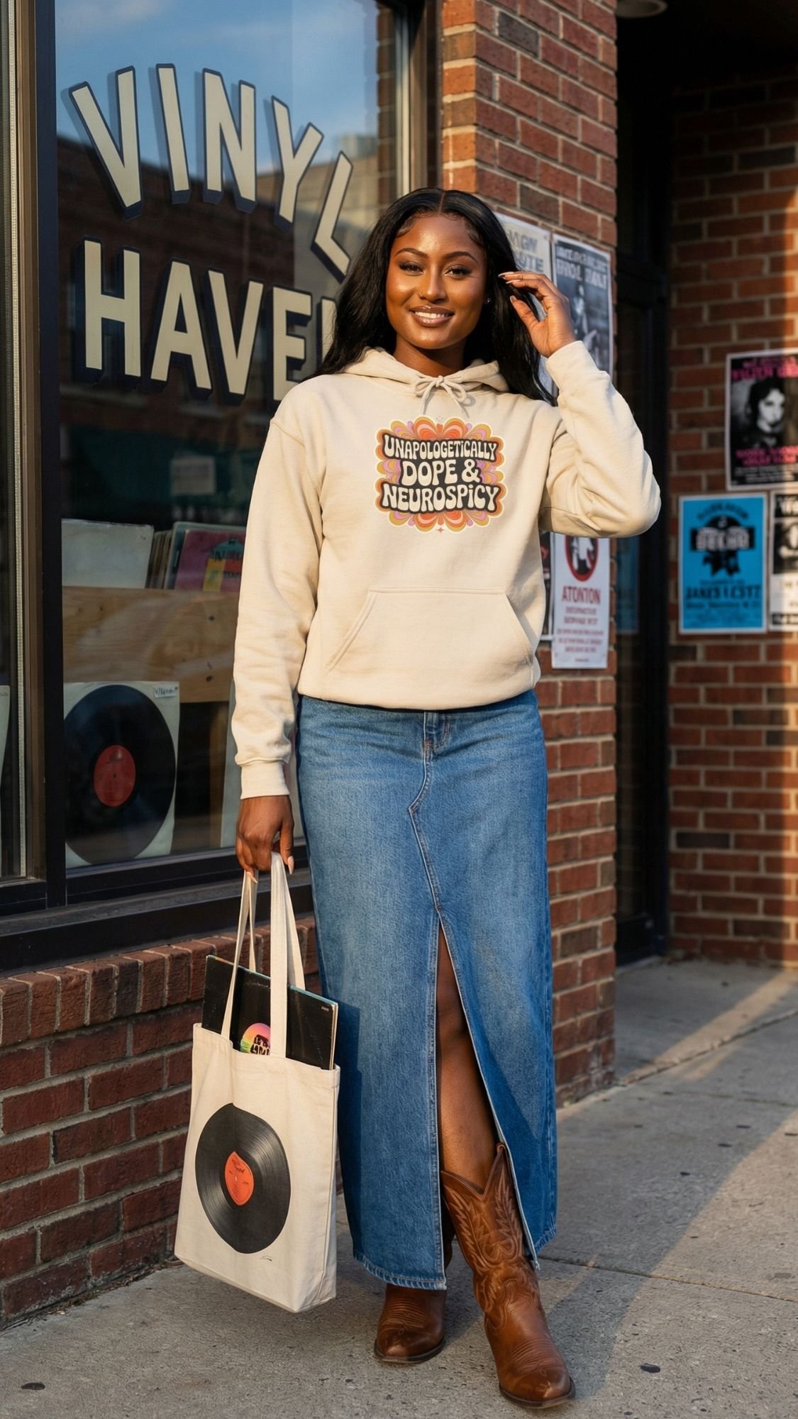A smiling woman stands outside a record store in a retro hoodie that says Unapologetically Dope & Neurospicy—a perfect example of cozy fall outfits—paired with a denim skirt, brown boots, and a vinyl record tote bag.