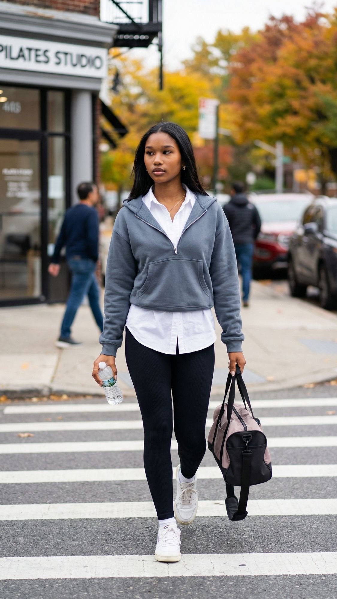 A woman in a gray retro hoodie, white shirt, black leggings, and white sneakers walks across a crosswalk with a gym bag and water bottle. Autumn trees and a pilates studio set the scene—perfect inspiration for cozy fall outfits.