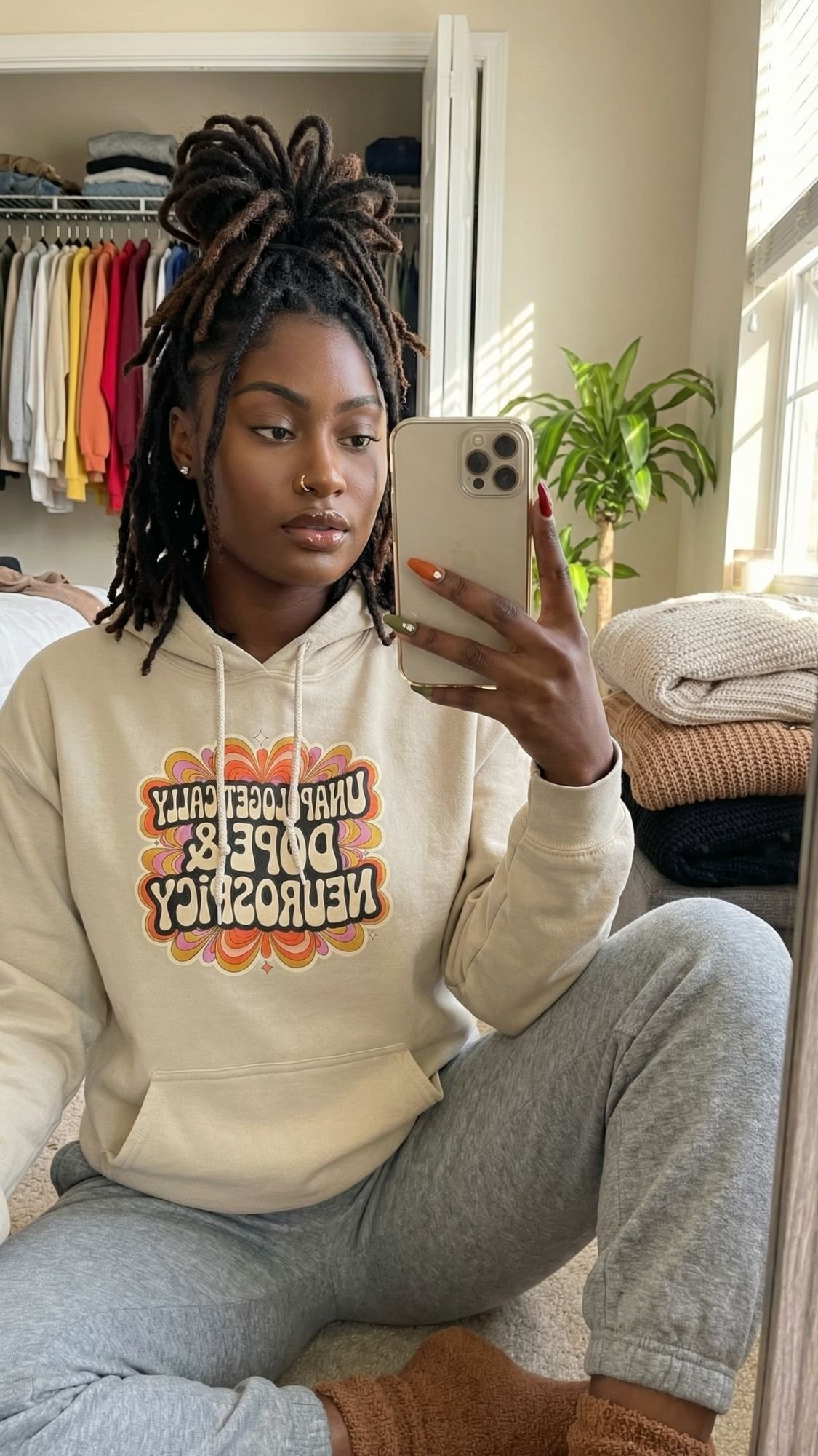 A woman with long locs sits on the floor taking a mirror selfie. She rocks a cream hoodie with colorful text—a fun nod to dopamine dressing—gray sweatpants, and brown socks. Behind her are folded clothes, a plant, and an open closet.