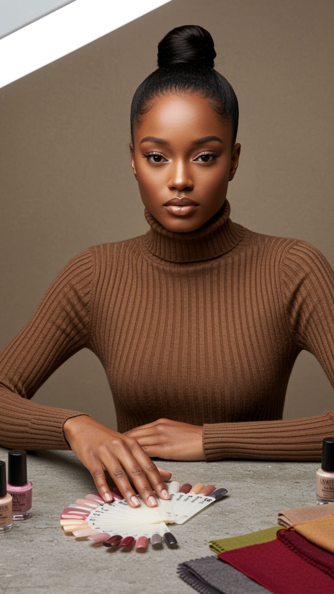 A woman with a high bun and a brown ribbed turtleneck sits at a table displaying various fall nails samples, surrounded by nail polish bottles and fabric swatches, embodying quiet luxury against a neutral background.