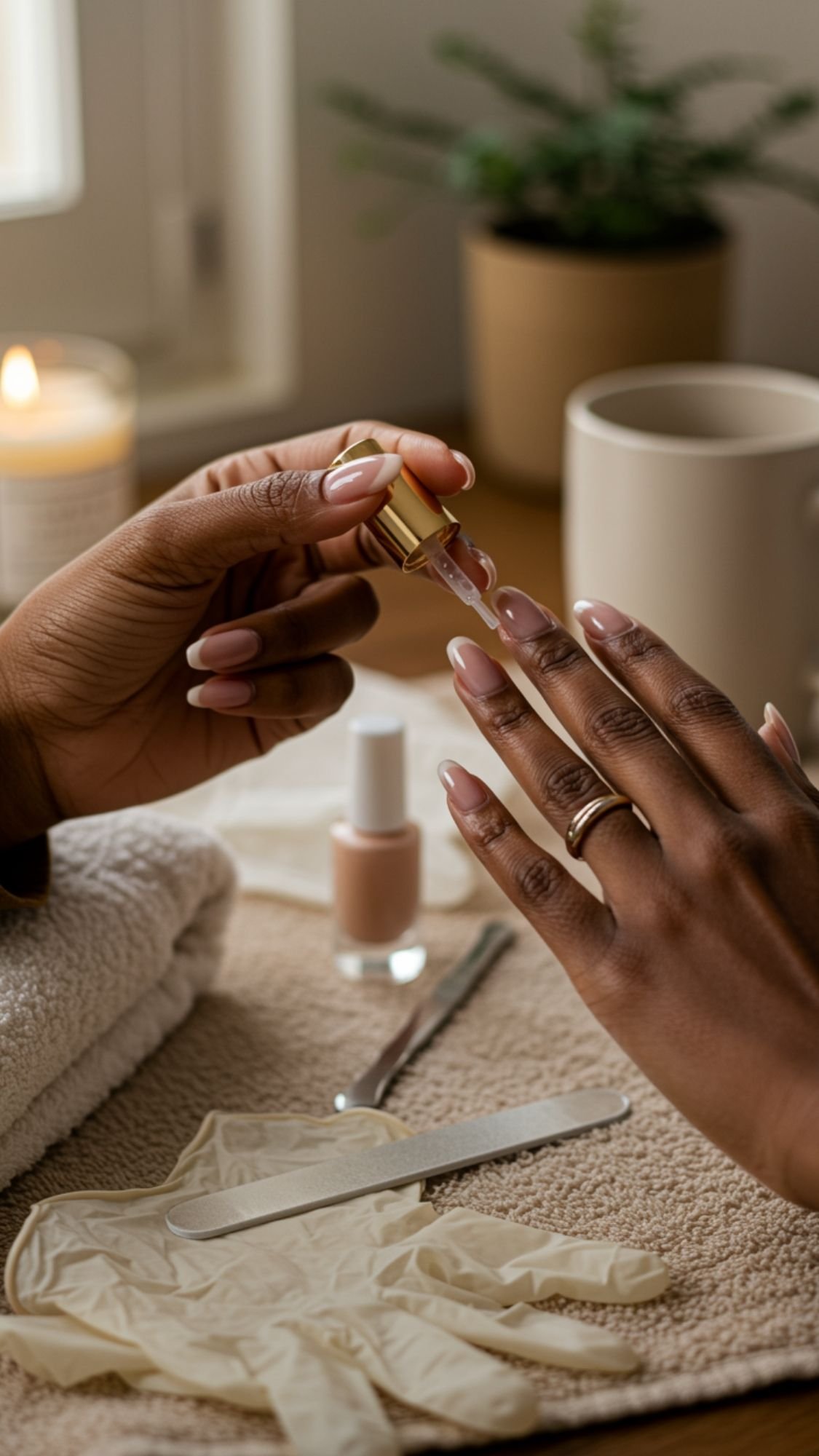 Hands applying cuticle oil with nail-care items nearby: glossy top coat, buffer, small repair brush, remover, and a pair of gloves.