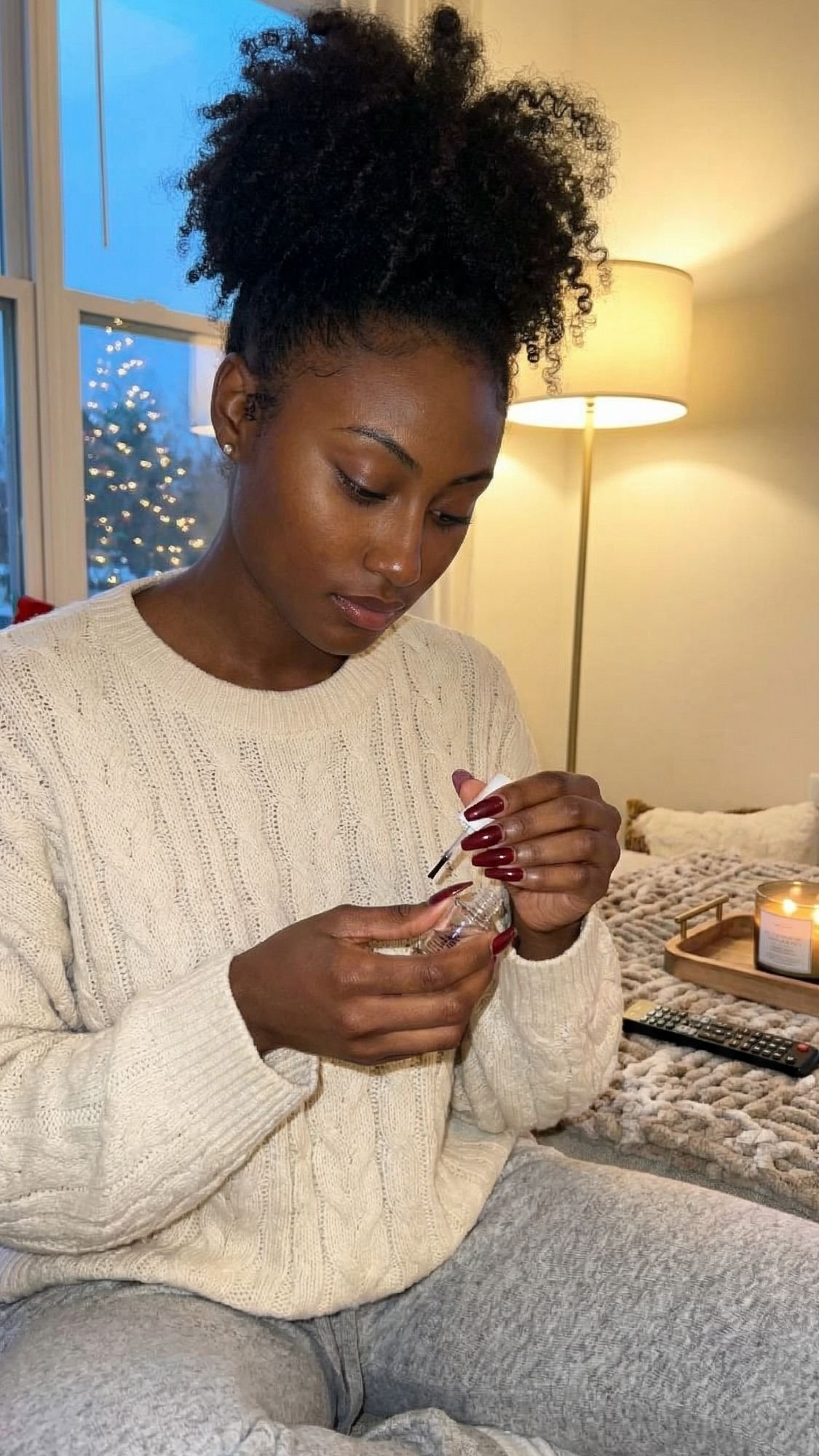 A woman with curly hair in a bun is sitting indoors, painting her elegant nails. She is wearing a cream sweater and gray sweatpants. A lit candle, TV remote, and cozy decor hint at chic ideas for relaxing before holiday parties.