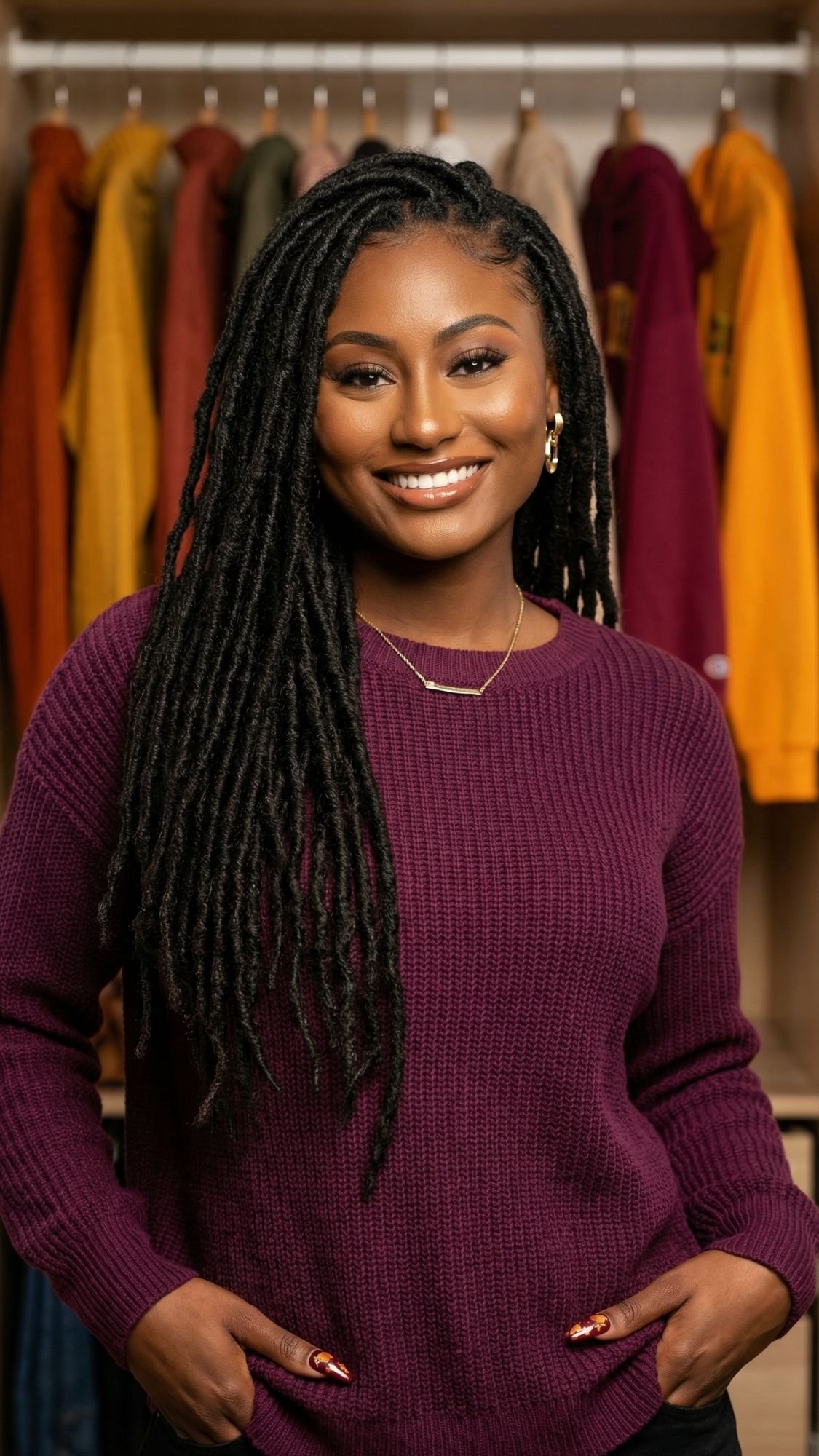 A smiling woman with long, braided hair wears a purple sweater and gold necklace, standing with hands in pockets in front of a closet filled with colorful clothes—a true showcase of dopamine dressing and fall fashion.