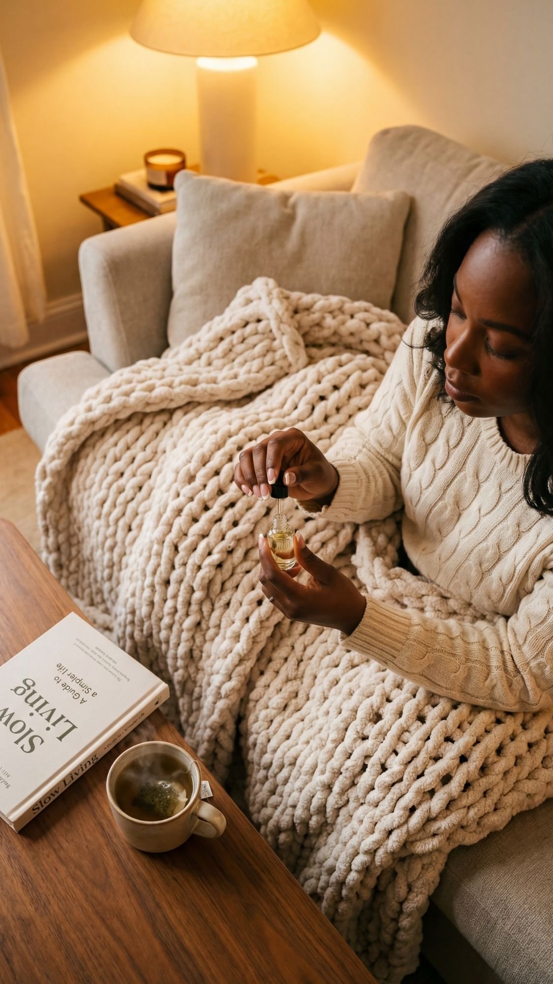 A woman with French tip nails sits on a couch covered with a chunky knit blanket, holding a small dropper bottle. Fall vibes fill the room as a mug of tea and an open book titled Slow Living rest on the wooden coffee table.