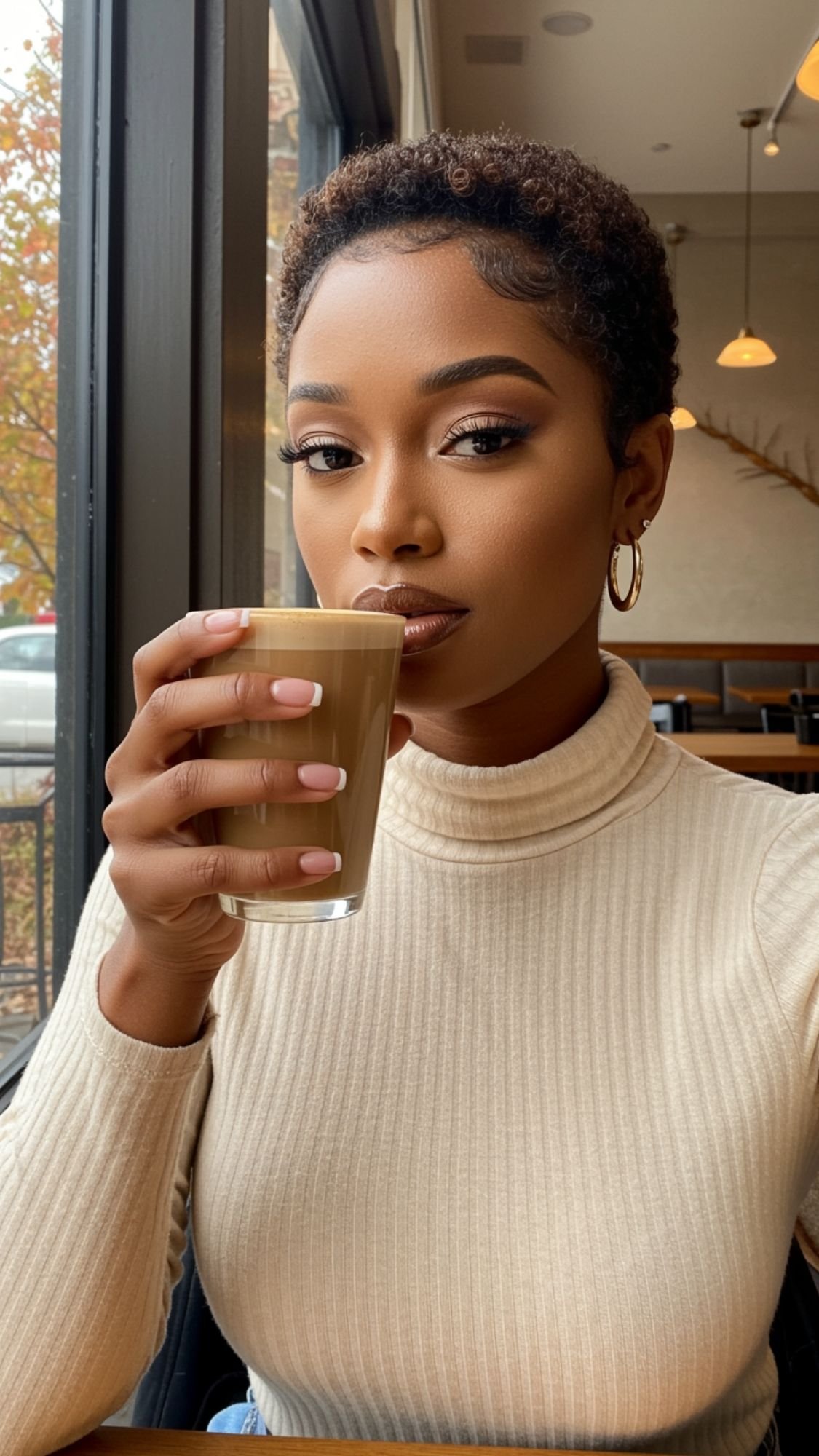 A woman with short curly hair, French tip nails, and hoop earrings, wearing a cream turtleneck sweater, holds a glass of coffee near her face while sitting in a café by a window, radiating quiet luxury.