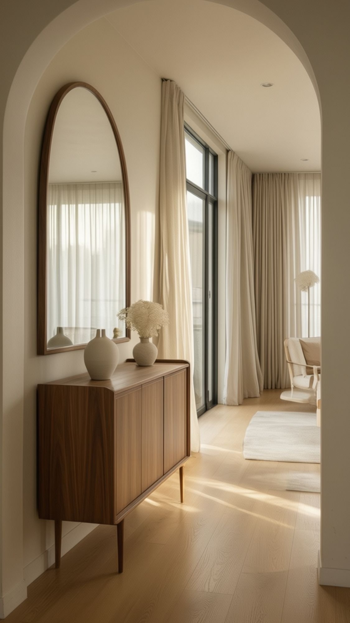 A sunlit modern hallway with light wood floors, a mid-century console, ceramic vases, and a large oval mirror showcases cozy minimal style, leading to a living area with floor-to-ceiling windows and sheer curtains.