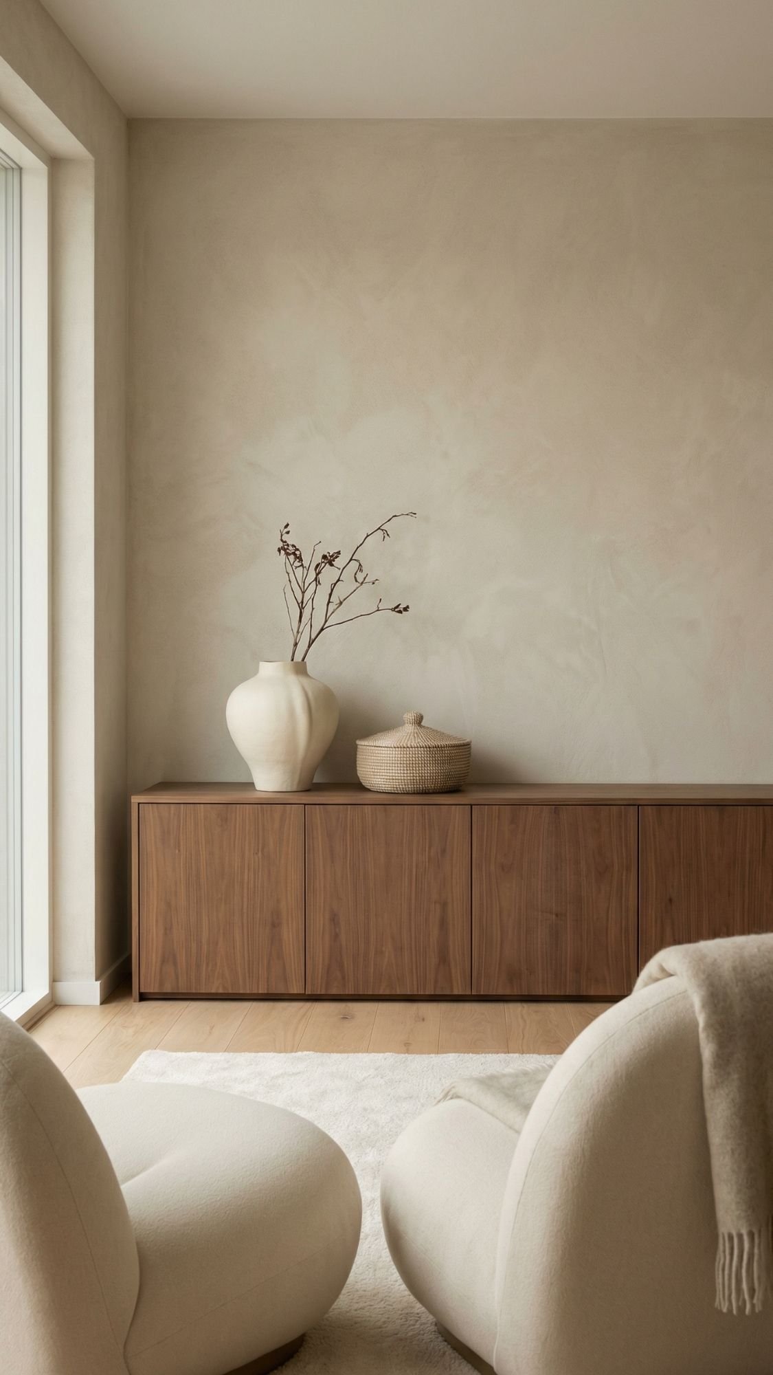 A cozy minimal style living room featuring two cream-colored chairs, a wooden sideboard, and a large ceramic vase with dried branches—perfect home decor ideas to bring warmth and simplicity to every room.